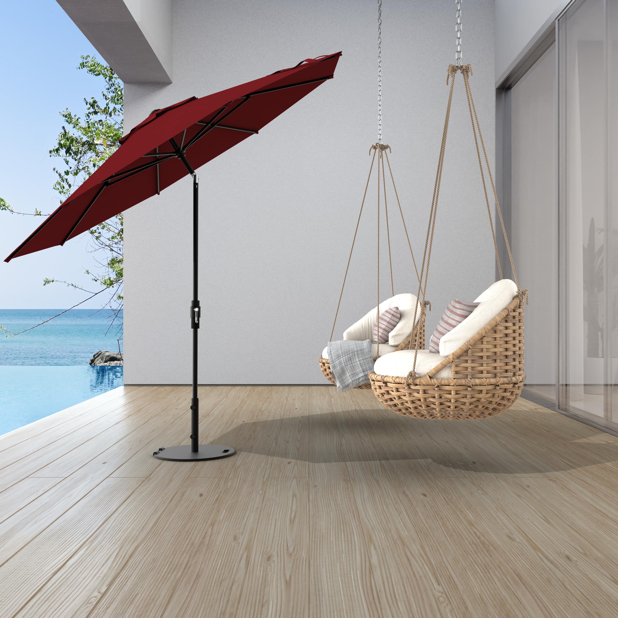 Midtown Umbrellas 9 Feet Aluminum Patio Umbrella With Fiberglass Ribs In Sunbrella Burgundy, Auto-Tilt And 360 Degrees Swivel For Optimal Shade, Kevlar Cord For Long Lasting Use : Patio, Lawn