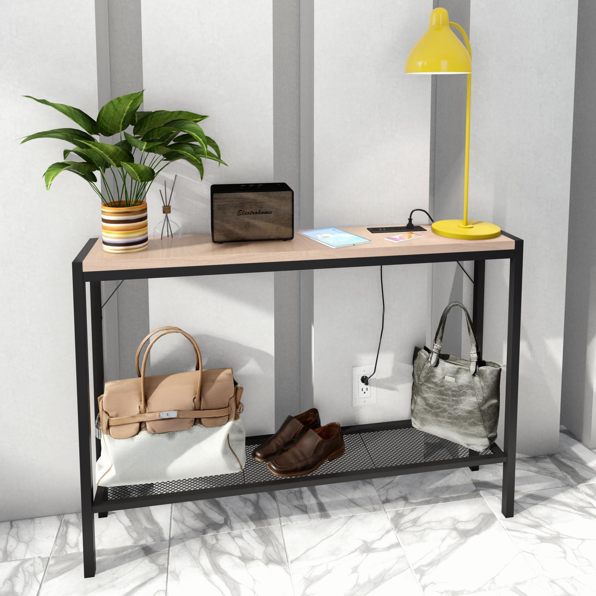 Entryway Table with Power Outlet, 43" Farmhouse Industrial Narrow Console Table with storage shelf, 2 USB and 2 Sockets Sofa Table for Entrance, Living Room and Hallway with long Power Cord, Beechwood