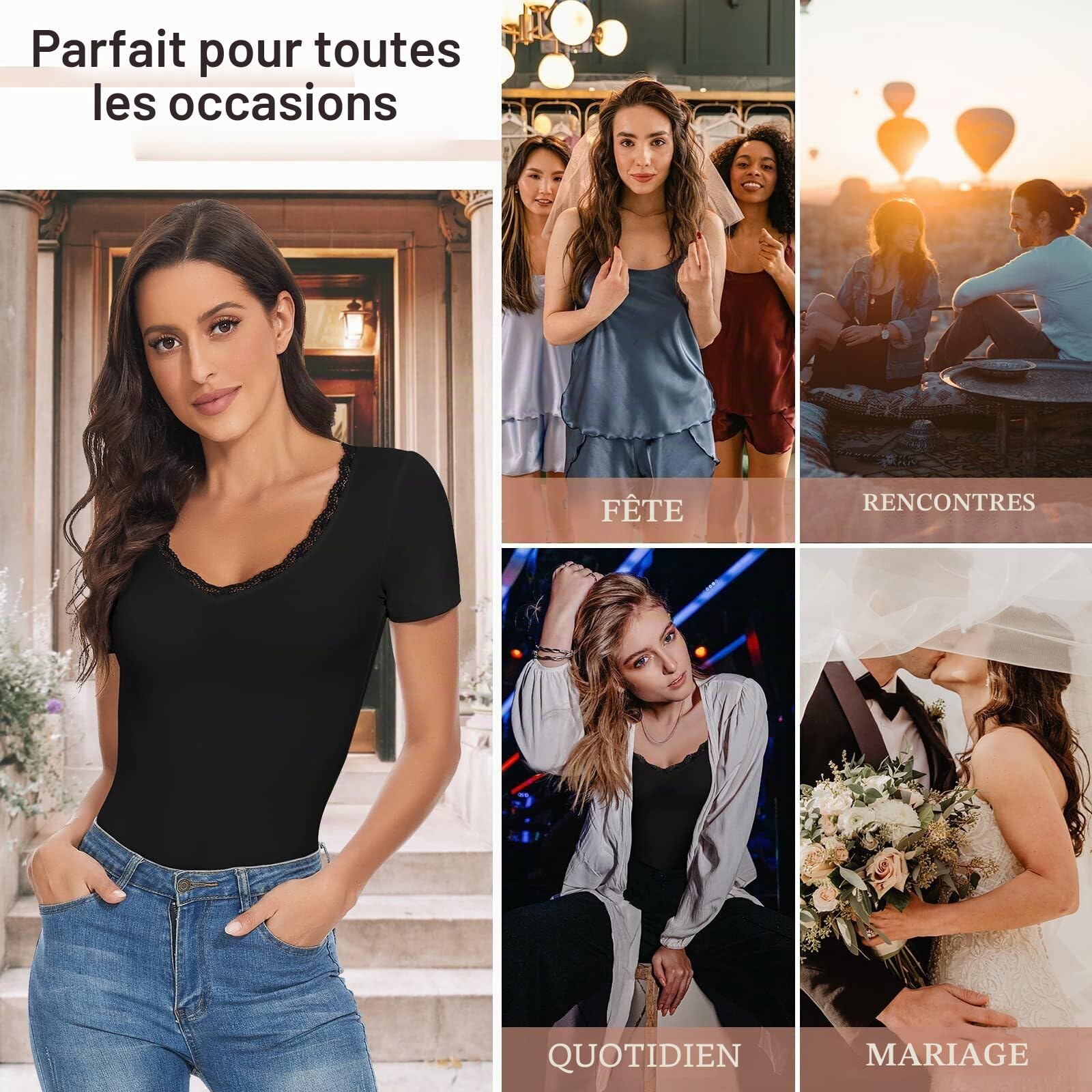 WOWENY Body pour femme, haut élégant à manches courtes et col en V en dentelle, sexy et décontracté