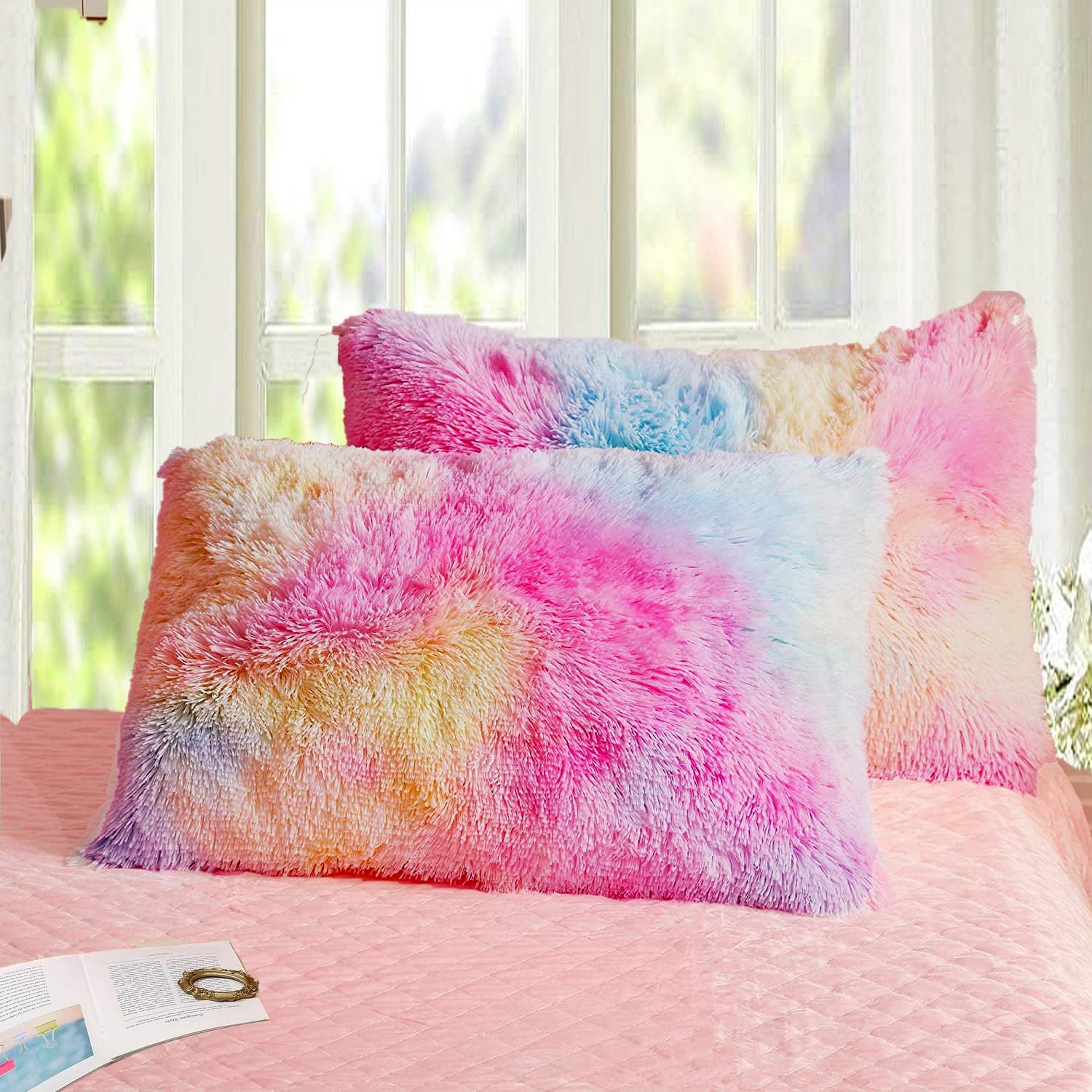 Catchyx Fur Pillow Cushion Cover - Rectangle Pillowcase Pack of 2 - Soft Furry Pillow Cover Set of 2 Decorative Throw Pillows Covers, No Pillow Insert, 22" x 14" Inch (Tie Dye Color)-image-45