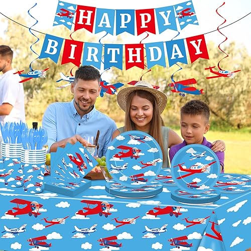 Miniatura 6 de Juego de 184 suministros para fiesta de cumpleaños de avión, incluye platos de avión, servilletas, mantel, banderín, kit de vajilla, desecha el