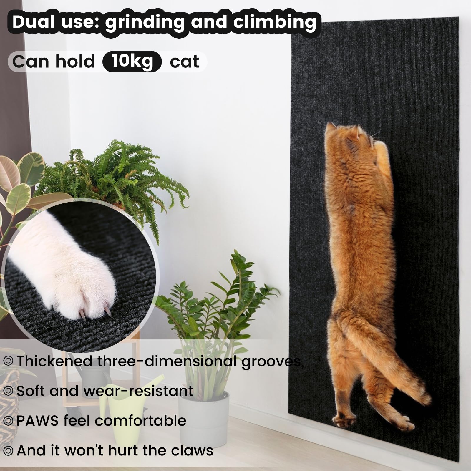 FaAmour Cat Scratching Mat, 40x200cm, Wall Mounted, DIY, Furniture Scratch Protector, Ideal for Floors Sofas, Chairs (Black) - Image 4