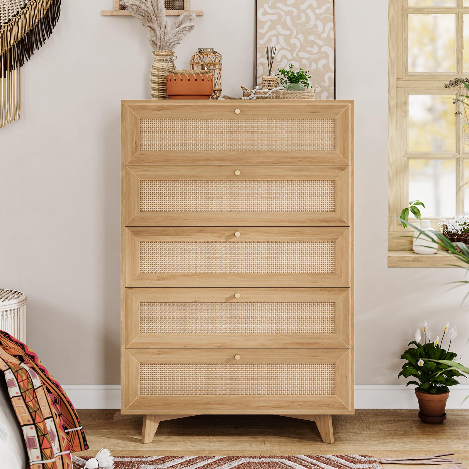 VIAGDO Rattan Dresser for Bedroom, 5 Drawer Dresser with Natural Rattan Drawers, Wooden Tall Cabinet with Gold Handles, Modern Closet Storage Chest of Drawers for Nursery Entryway Living Room