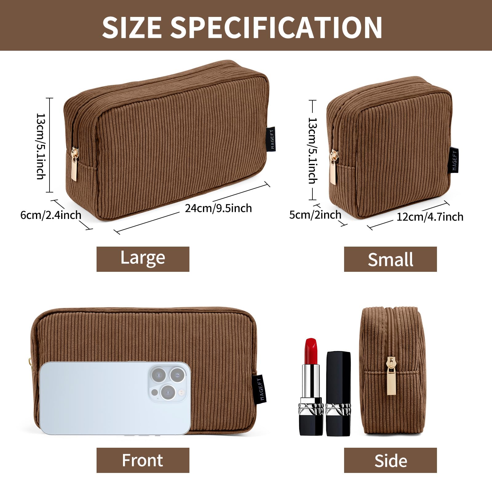 MAGEFY Makeup Bag 2 Pcs Small Cosmetic Bag for Handbag Corduroy Pouch with Compartments for Women Brown, Brown-2pcs - Image 2