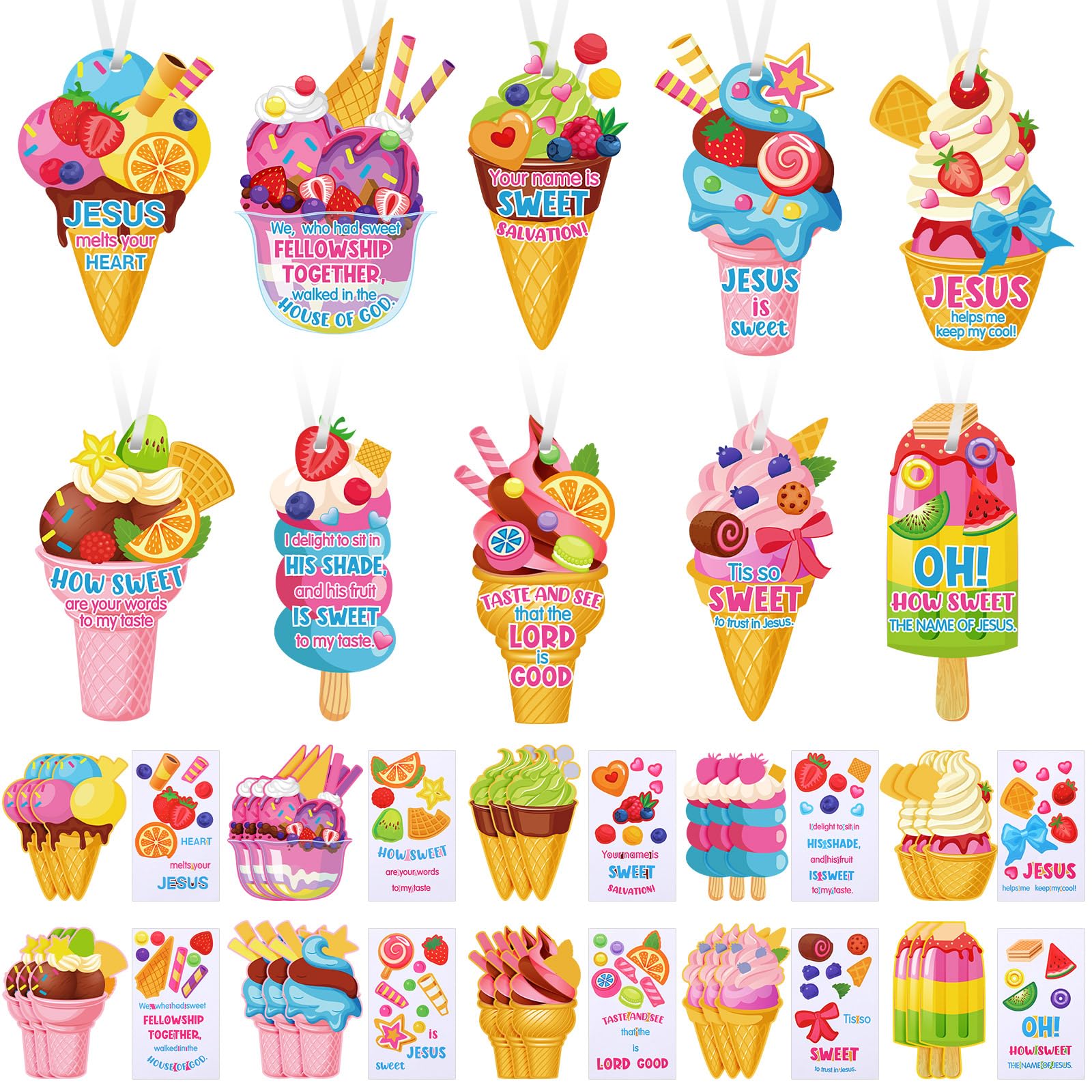 Resholder 30 Sets Religious Sunday School Crafts DIY Ice Cream Stickers Bulk Make Your Own Jesus Christian Bible Stickers Ornaments for Preschool Home Classroom Graduation Summer Party Favors Supplies