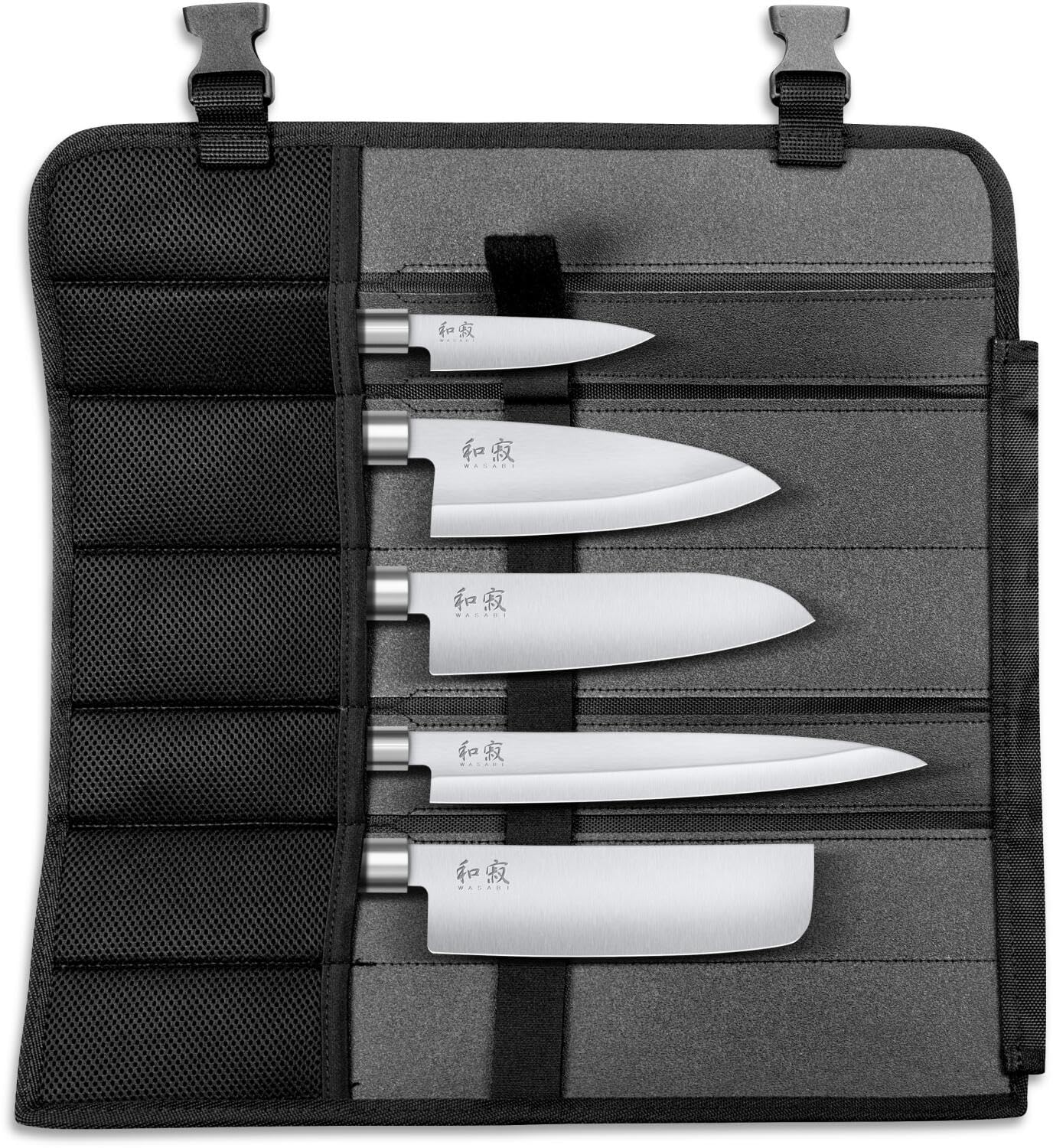 KAI Wasabi Black Messertasche bestückt - Allzweckmesser 10 cm, Deba 15 cm, Nakiri 16,5 cm, Santoku 16,5 cm, Yanagiba 21 cm - rostfreier 6A/1K6 Edelstahl poliert 58 (±1) HRC - schwarzer Griff