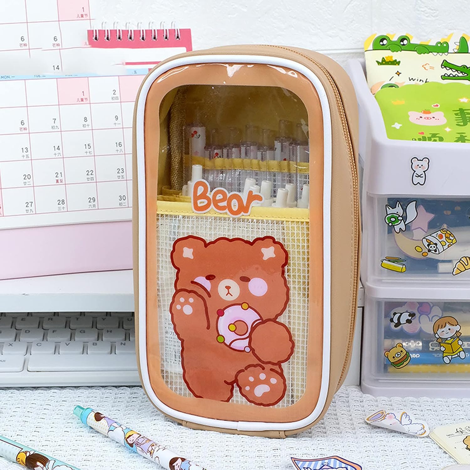 Kawaii Pencil Case Clear Large Pencil Case Cute Bear Rabbit Aesthetic Large Capacity for Girls (#D