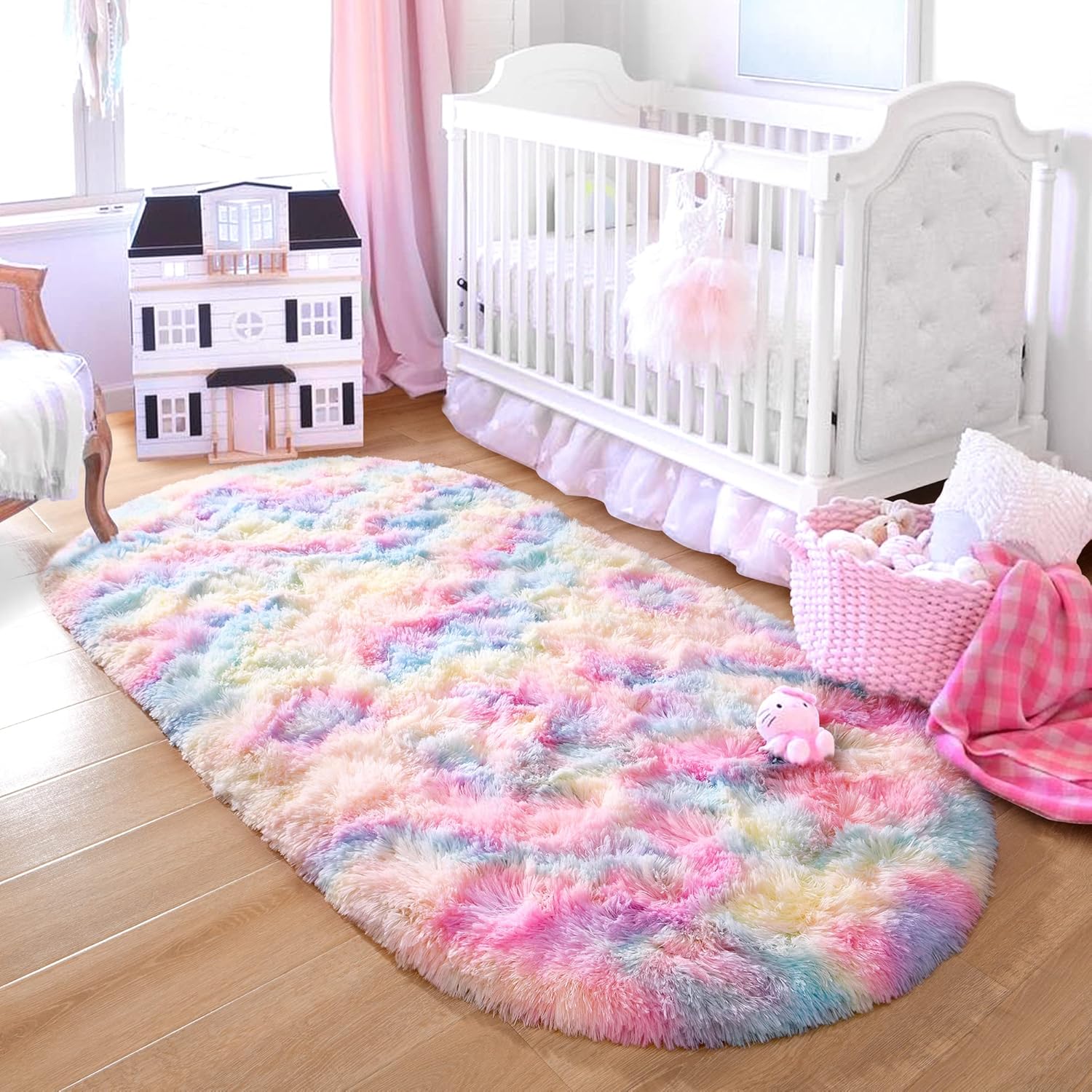 junovo Fluffy Rainbow Oval Rug and Oval Grey Fluffy Ultra Soft Area Rugs for Bedroom Kids Room Girls Room Teen Dorm Baby Nursery Home Decor 2.6 x 5.3ft