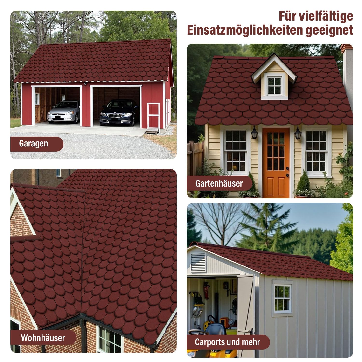 Bitumen Dachschindeln, 3 m², 21 Stück Dachschindeln für Gartenhaus und Carport, Bitumen (Rot, Fischschuppenmuster)
