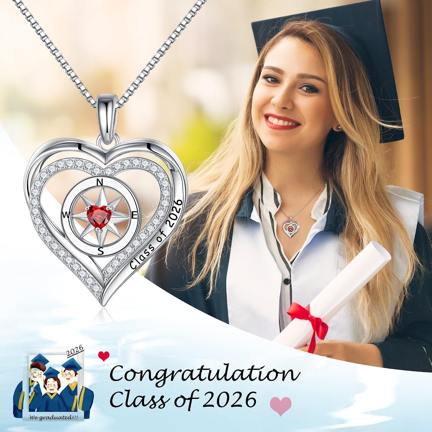 Turandoss Compass Graduation Gifts for Women Her 2026, S925 Sterling Silver Birthstone Necklace Engraved Class of 2026 Inspirational Graduation Necklaces High School College Gifts for Women Her