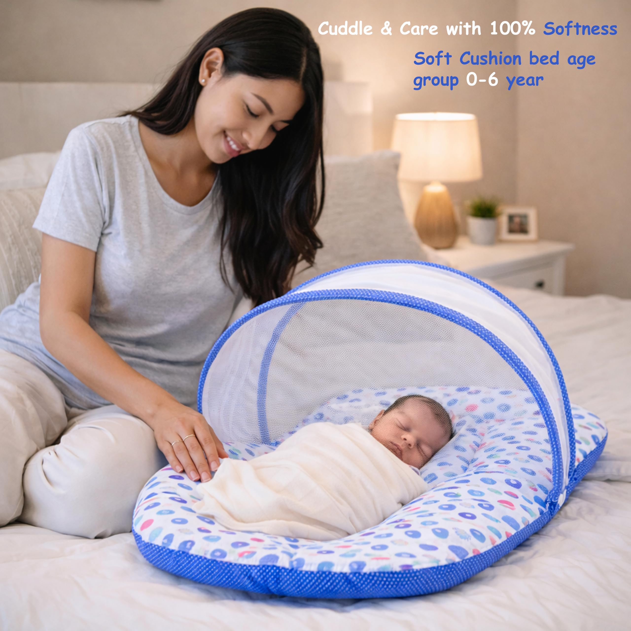 Fareto Combo of Baby Bed with Net | Carry Bag | 4 Pcs Bedding Set (0-6 Months, Baby Size, Cotton) (Blue Apple)