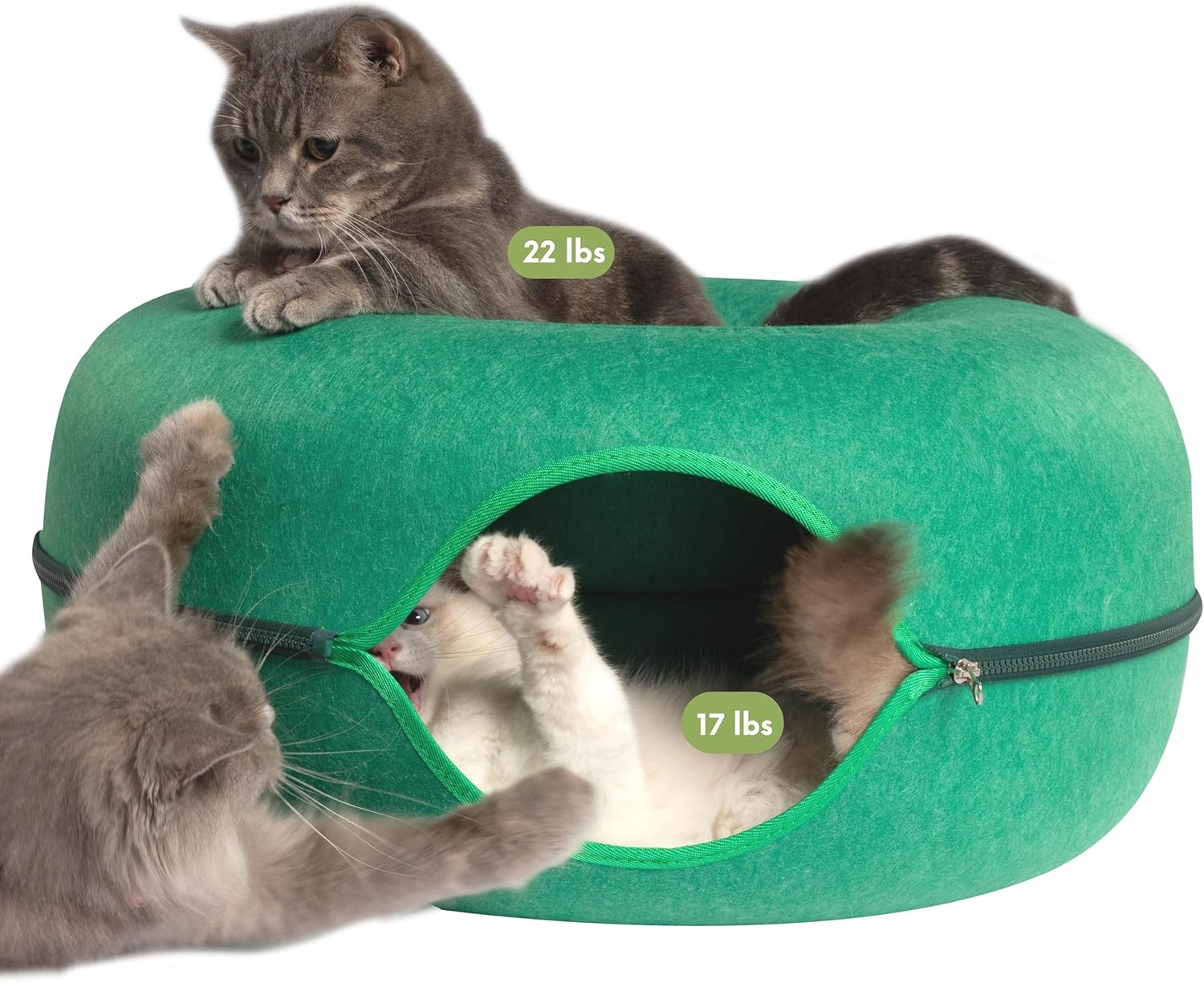 Cattasaurus Peekaboo Cat Cave Donut for Multiple & Large Cats up to 30-45 lbs, 3-in-1 Self Warming Cat Bed, Tunnel & Scratcher for Indoor Cats, Washable & Detachable Dog Bed (Forest Green, Large) Forest Green Large