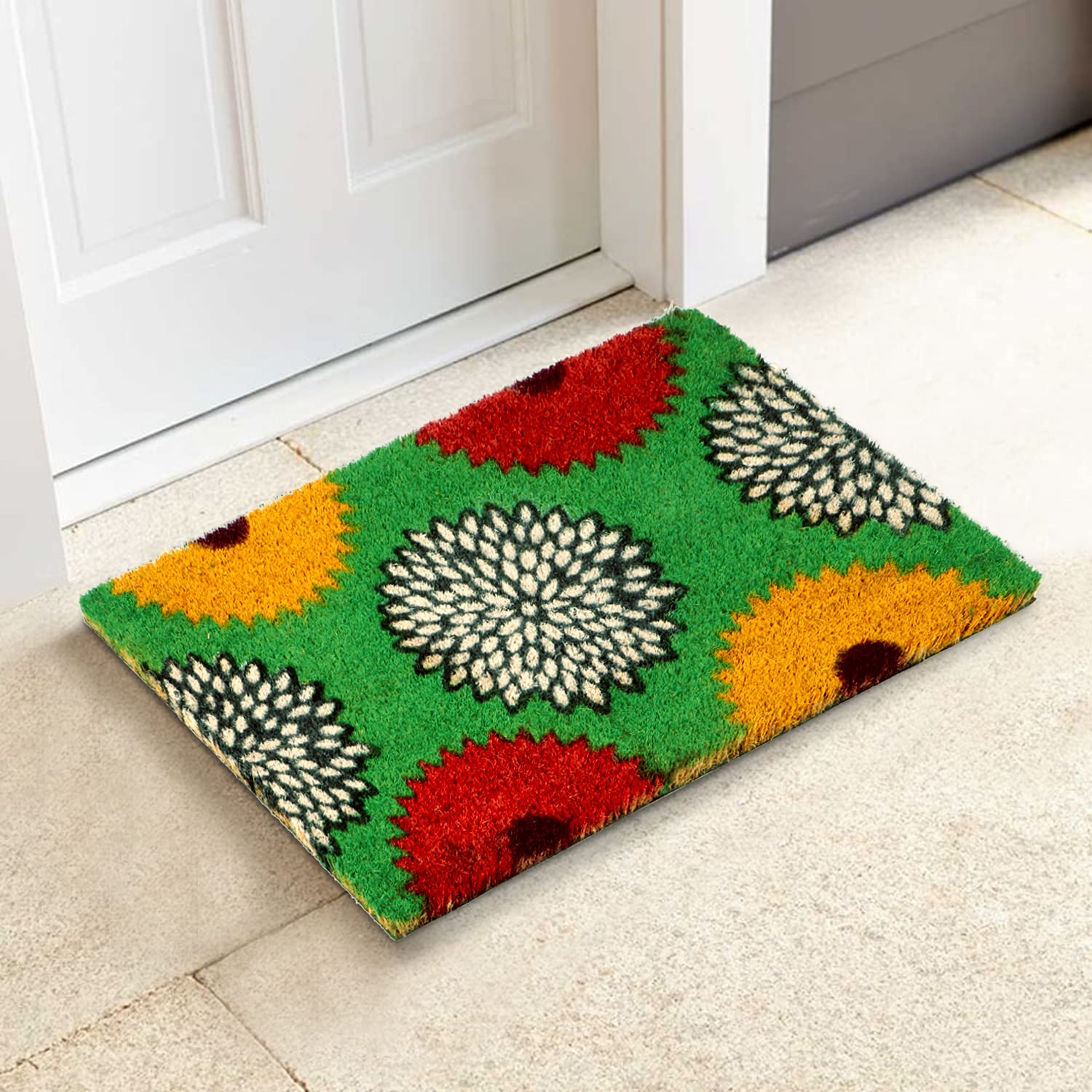 HOKIPO 40x60 cm Natural Coconut Coir Mat for Entrance with Antislip PVC Backing, Green (IN-471-GR, rectangular)