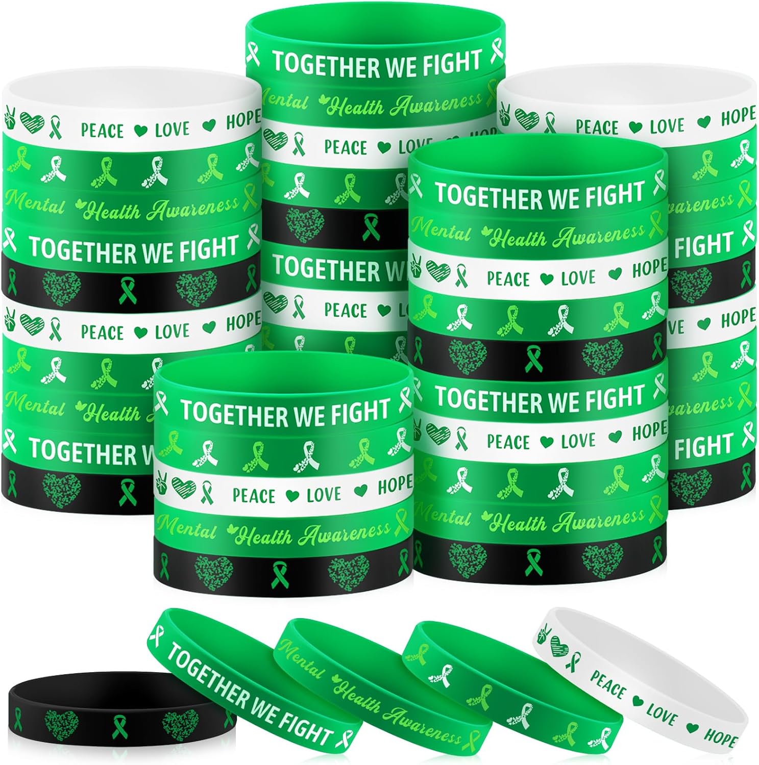 120 Pcs Mental Health Awareness Silicone Bracelets Bulk Mental Health Awareness Items Hope Green Ribbons Motivational Rubber Wristbands for Women Men