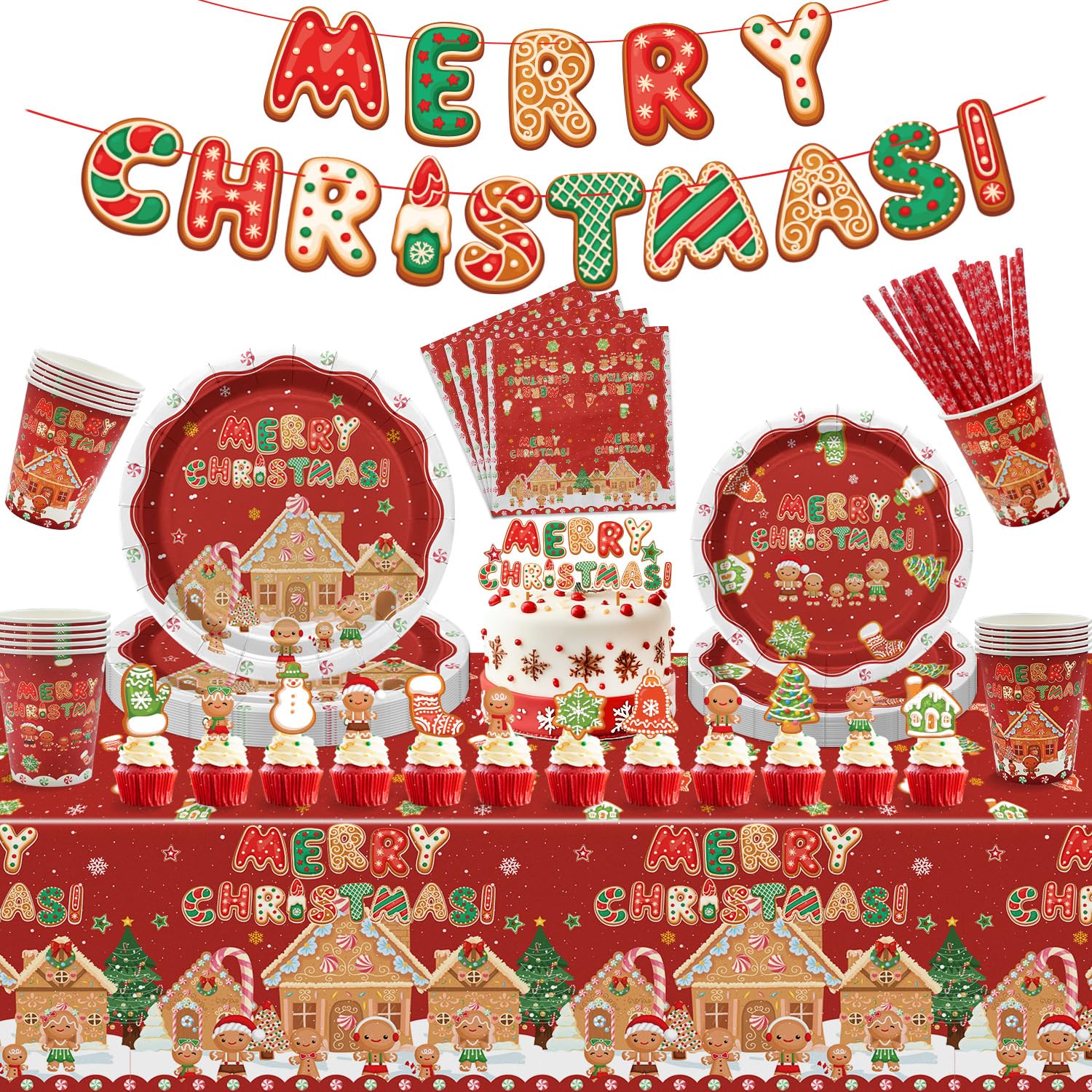 Christmas Party Decorations - Xmas Gingerbread Paper Plates, Banner, Cake Topper, Snowflakes Napkins, Cups, Tablecloth Christmas Dinnerware Set for Xmas Winter Holiday Party Supplies, Serve 20 Guests