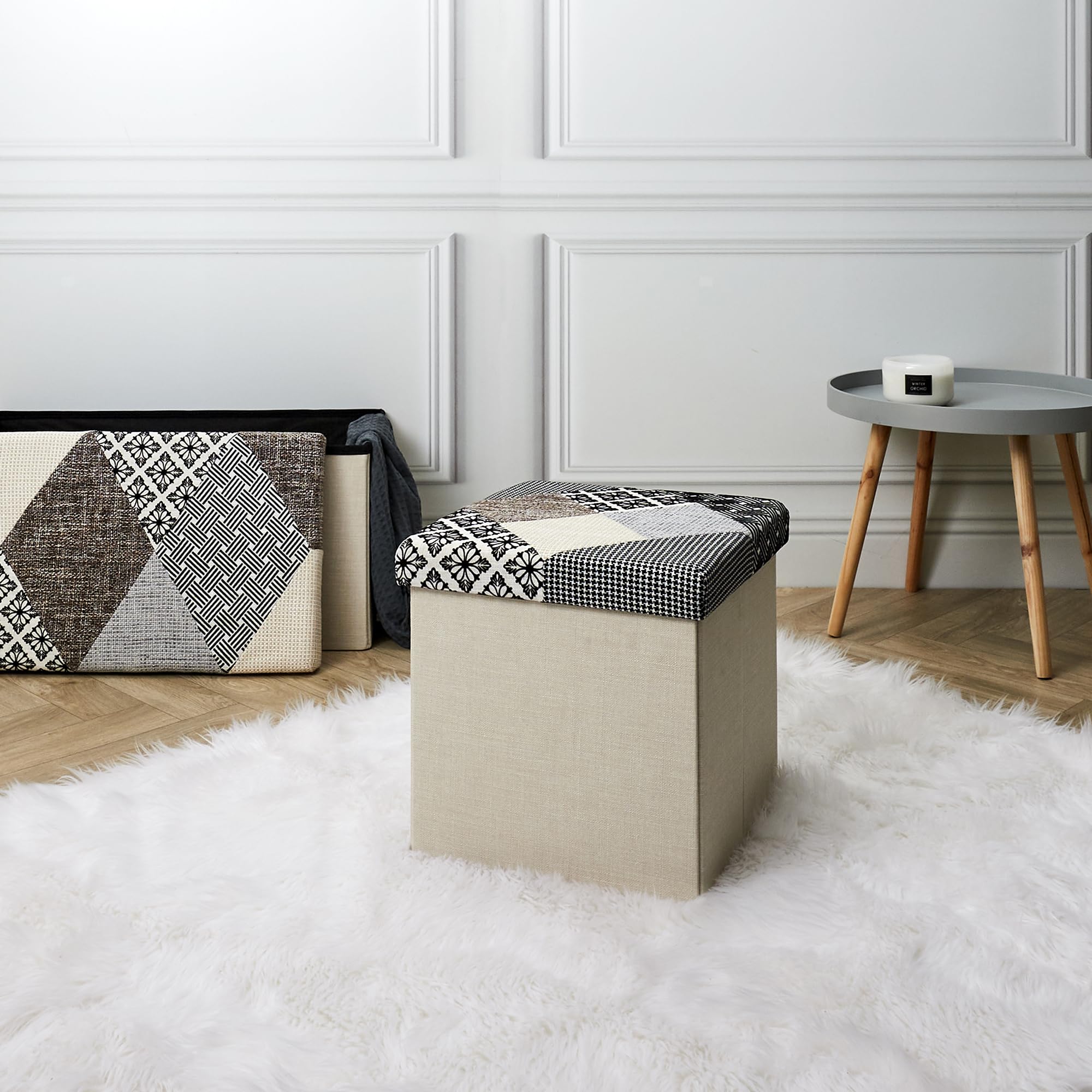 HOME DECO FACTORY HD7491 Pouf Patchwork Mobili Seduta Baule Panca Pieghevole Entree Soggiorno Camera Da Pranzo, Grigio, Bianco, Nero, Beige, 38x38x38 cm