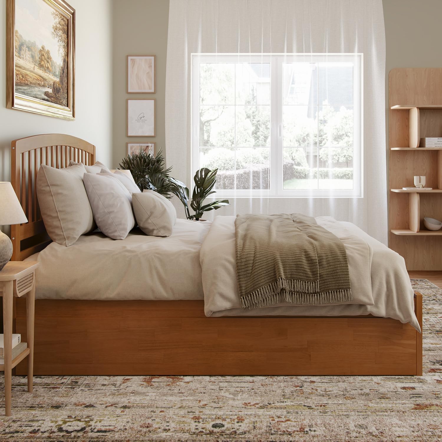 HomeStock Rustic Refinement King Solid Wood Platform Bed with Footboard & Twin XL Trundle in Light Toffee