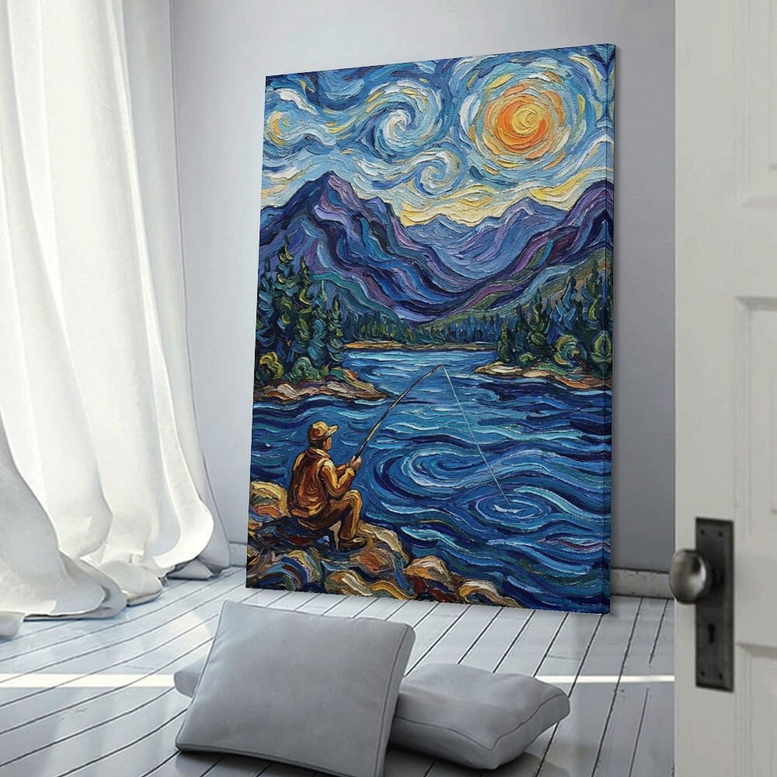 Junmoney Fishing by The Lake, Starry Night Wall Decor Canvas Print, 24x36inch(60x90cm), for Bedroom, Lounge Or Dressing Area, Decorative Wall Art for Cosy Rooms
