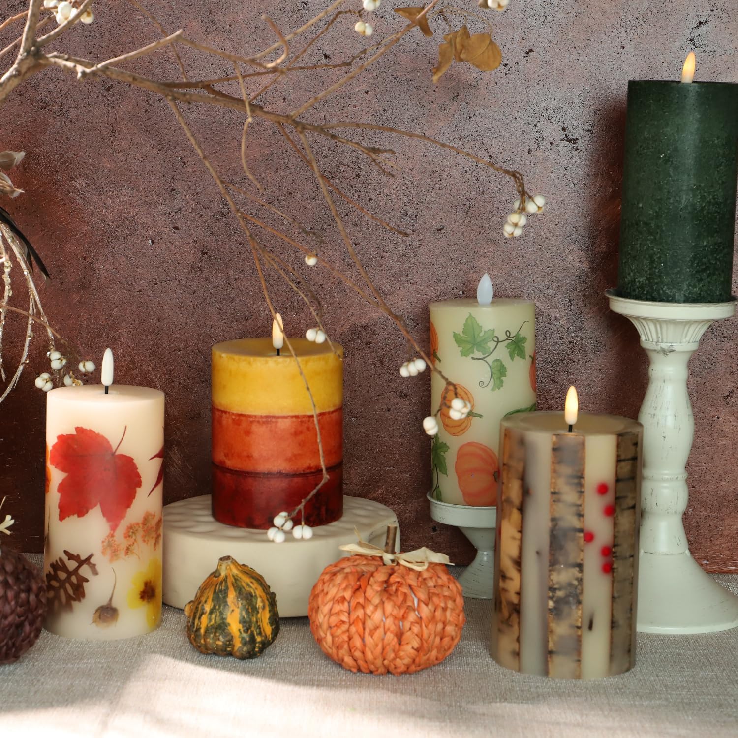 Thanksgiving Flameless Candles with Remote Red Orange Yellow Layered Flickering Pillar Candles Battery Operated (3.5" × 4.5") - Concave Edge, Real Wax, Unscented - Ideal for Fall Decorations