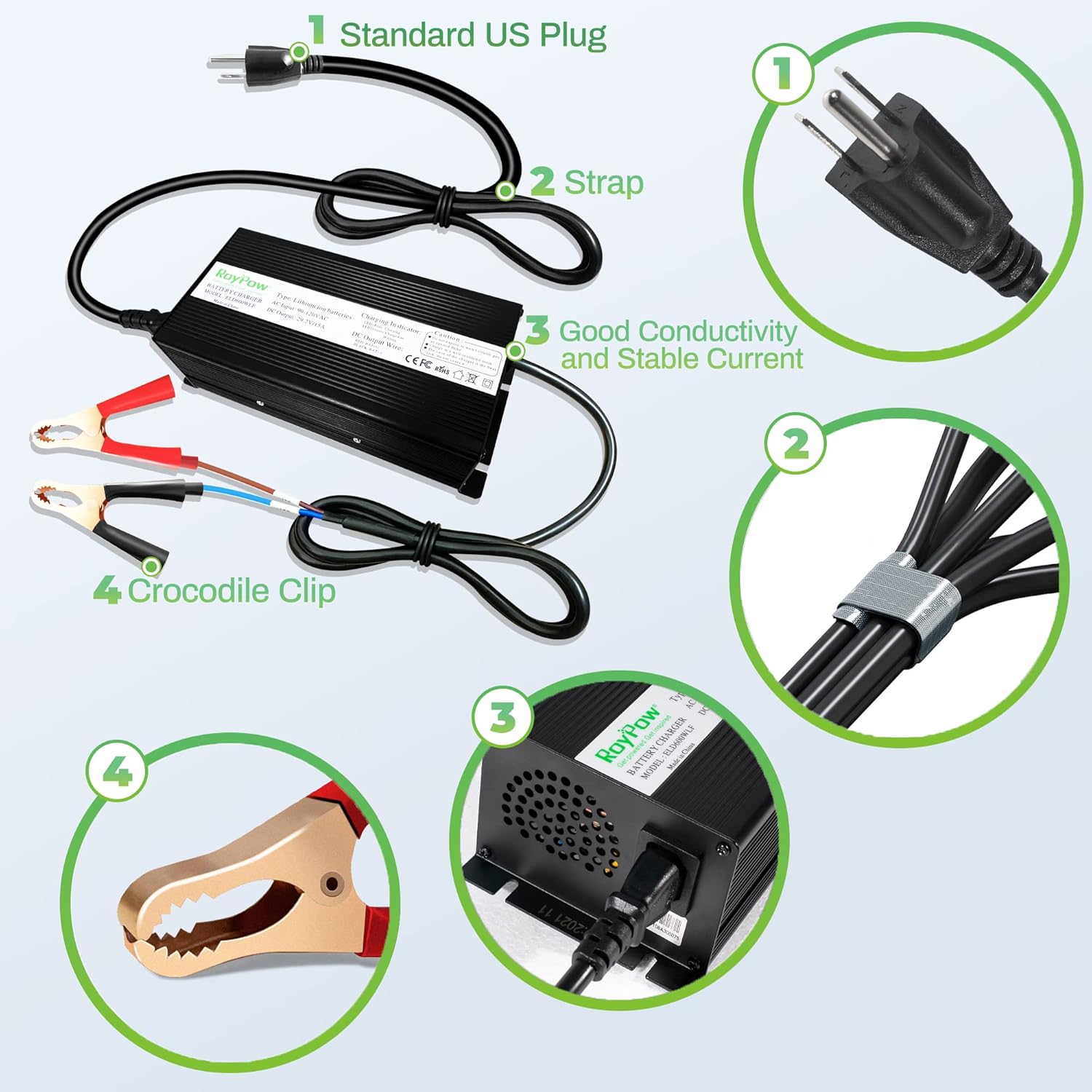 Components of the RoyPow charger including US plug, strap, and crocodile clip