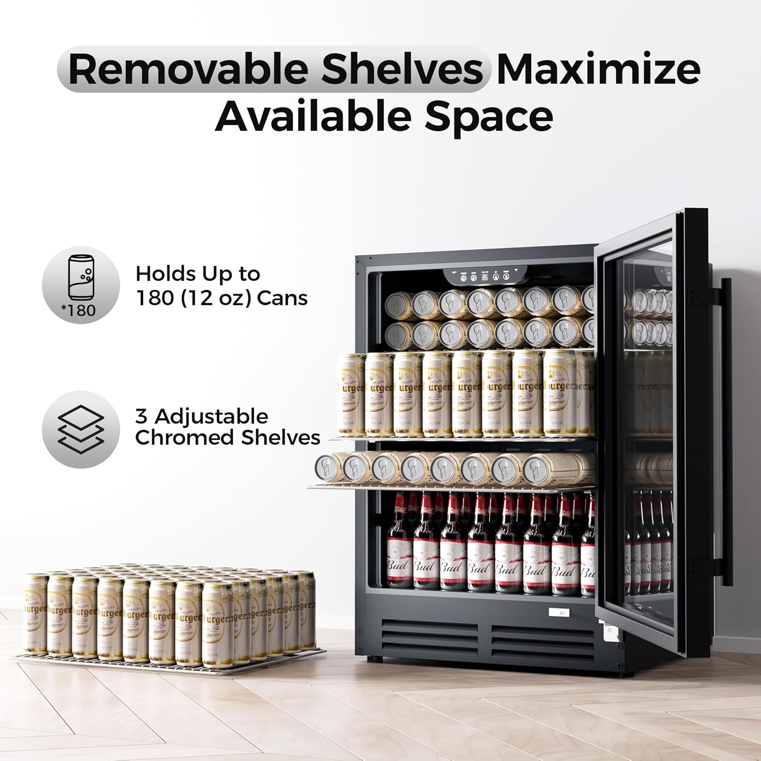 Coolake 24 Inch Wide Under Counter Beverage Refrigerator, 180 Can Capacity Beverage Cooler with Glass Door, Built in or Freestanding, Drink Fridge for Basement, Kitchen, Office