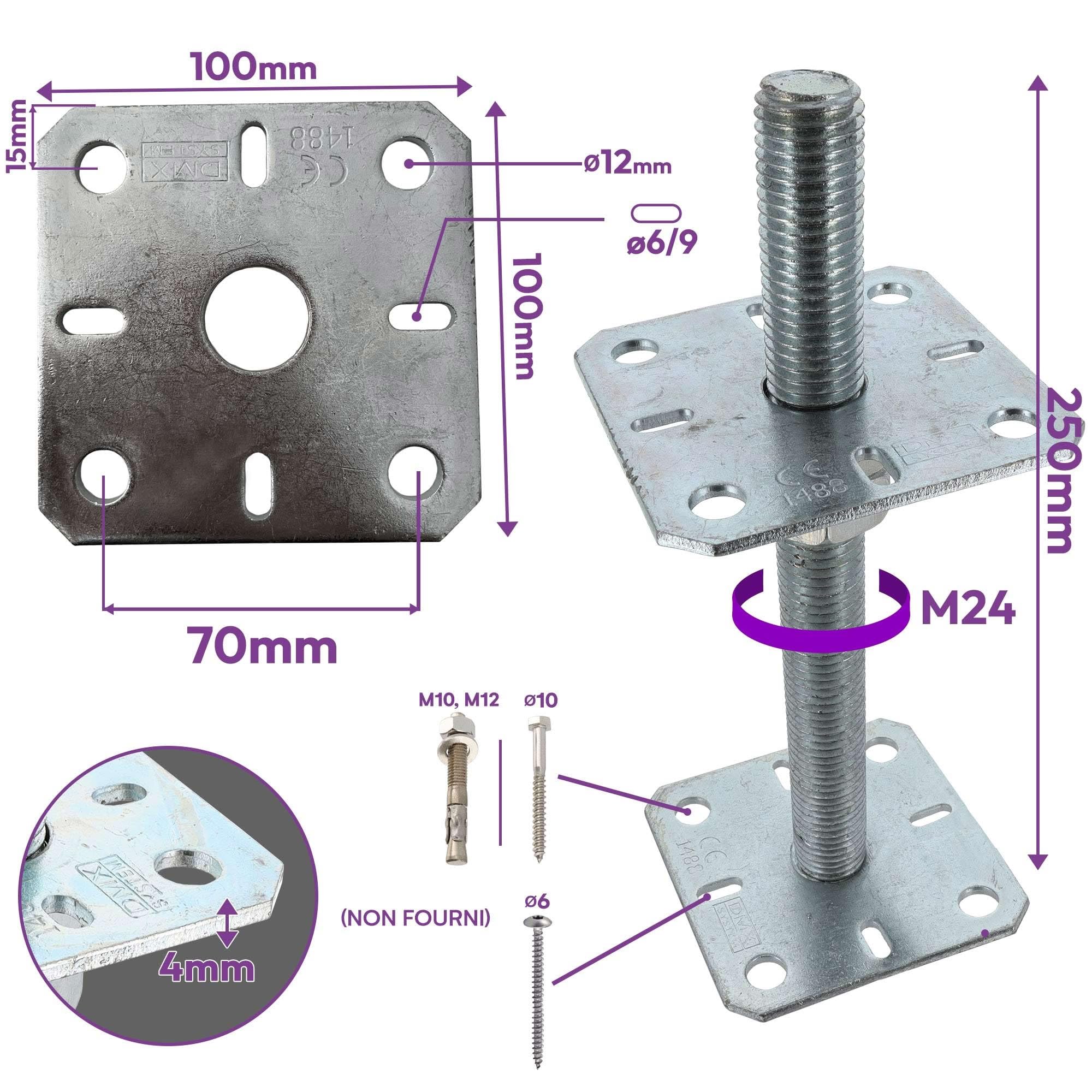 4 embases pied de poteau carrée réglable par vis - à visser - Platine 100x100mm - M24 - Acier galvanisé - Fabrication Europe