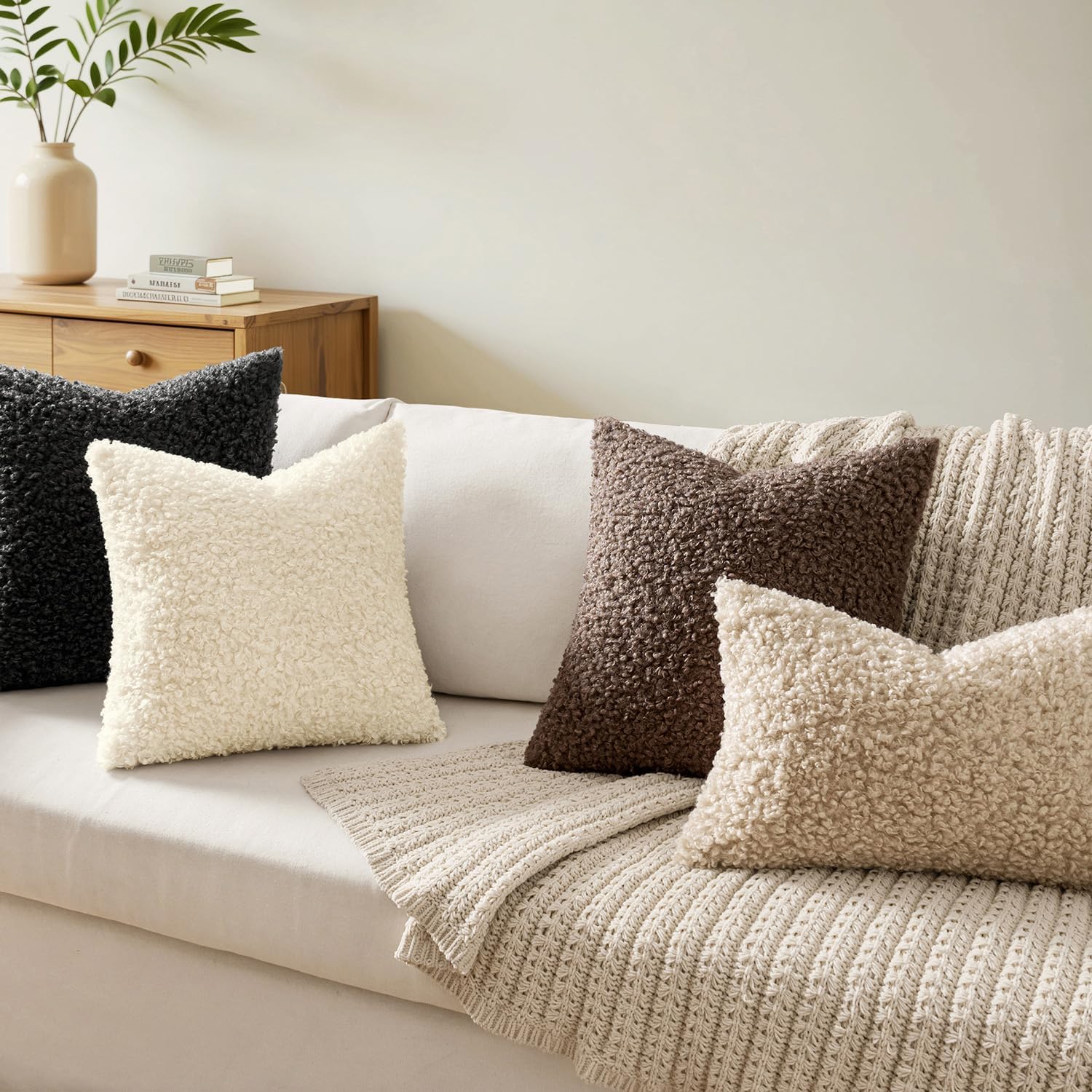 Woaboy Faux Fur Throw Pillow Covers 20x20 Inch Set of 2 Boucle Neutral Decorative Sherpa Fuzzy Accent Soft Sheepskin Fleece Cushions Modern Home Decor for Couch Sofa Bedroom Living Room,Cream White