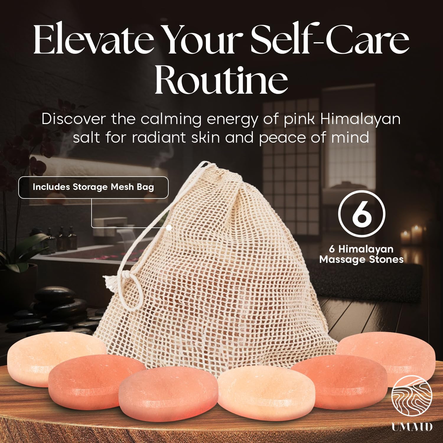 UMAID Himalayan Salt Massage Stones 6-Pack with Cotton Mesh Bag Hand-Carved Pink Crystal Spa Stones for Relaxation, Self-Care & Holiday Gifting
