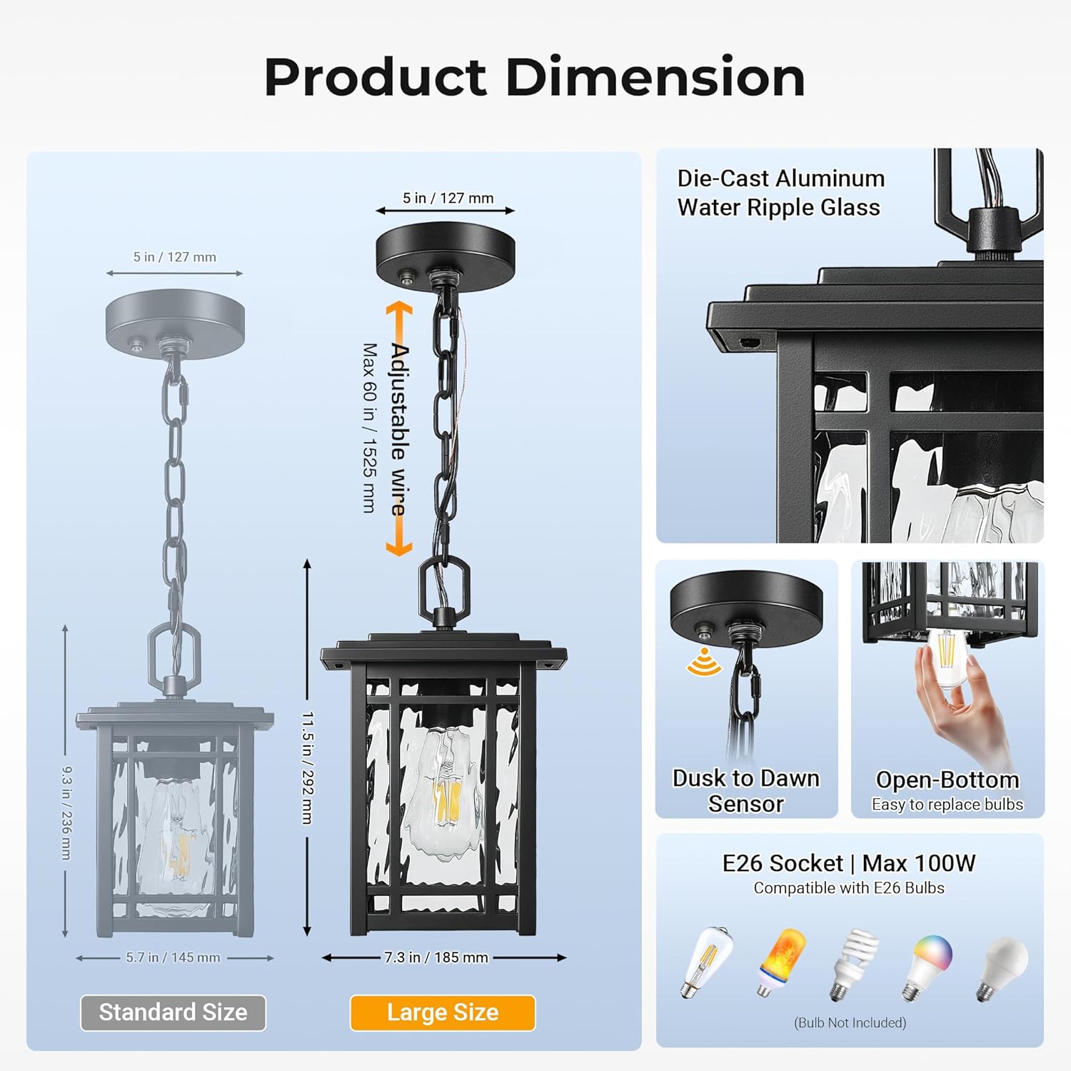 Dusk to Dawn Outdoor Hanging Lights, Black Exterior Pendant Light with Adjustable Chain, Large Outside Hanging Light Fixture with Photocell Sensor, Outdoor Chandelier for Porch, Gazebo, Hallway