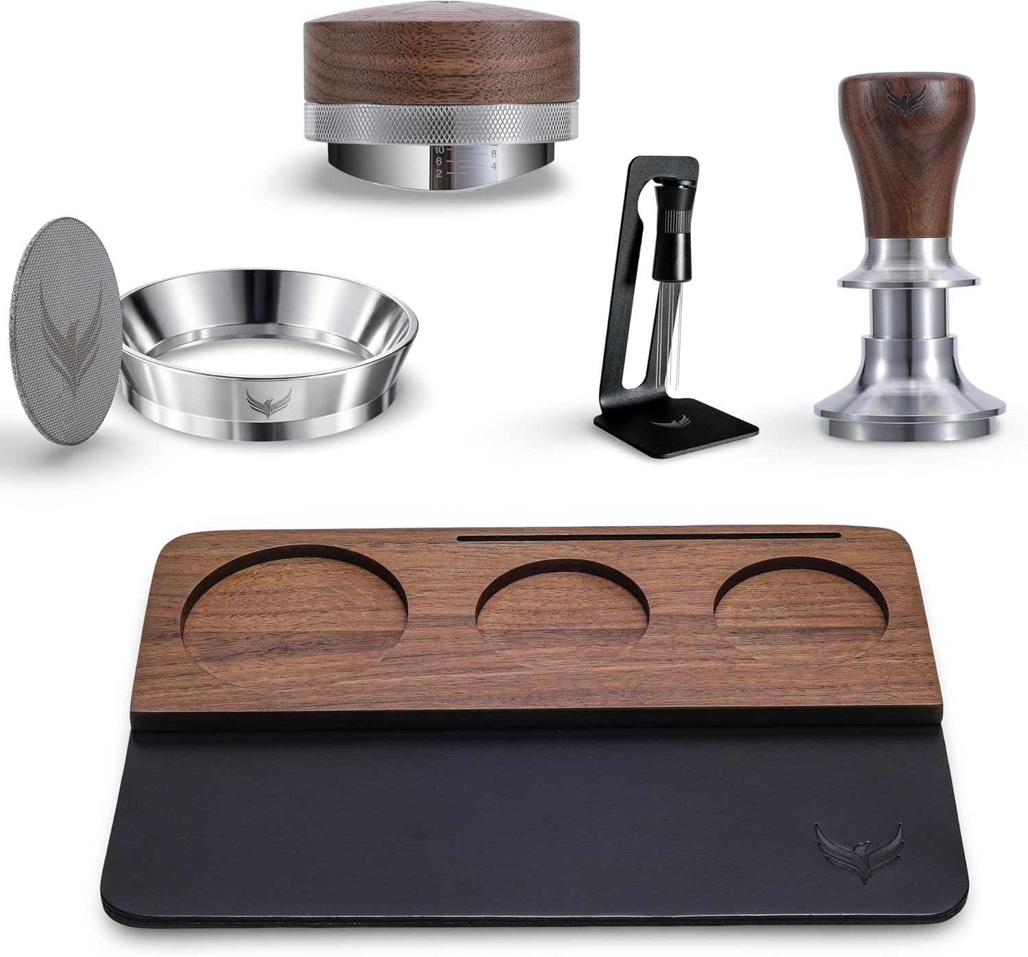 51mm Espresso Tools Set – Walnut Barista Kit Includes Spring-Loaded Tamper, Distributor, Magnetic Dosing Funnel, Puck Screen, WDT Tool & Walnut Tamping Station for DeLonghi & Casabrews