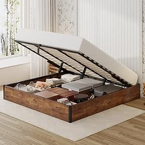 Lift Up Storage Bed Frame, King Size Wooden Slats Platform Bed with Ample Underbed Storage, Rustic Brown