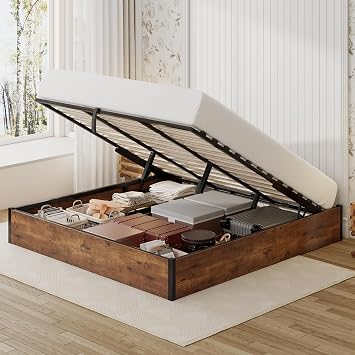 Full Size Bed Frame with Lift Up Storage, Rustic Brown | No Box Spring Needed, Hidden Storage for Organization, Sturdy Metal Frame, Modern and Farmhouse style, Easy Assembly