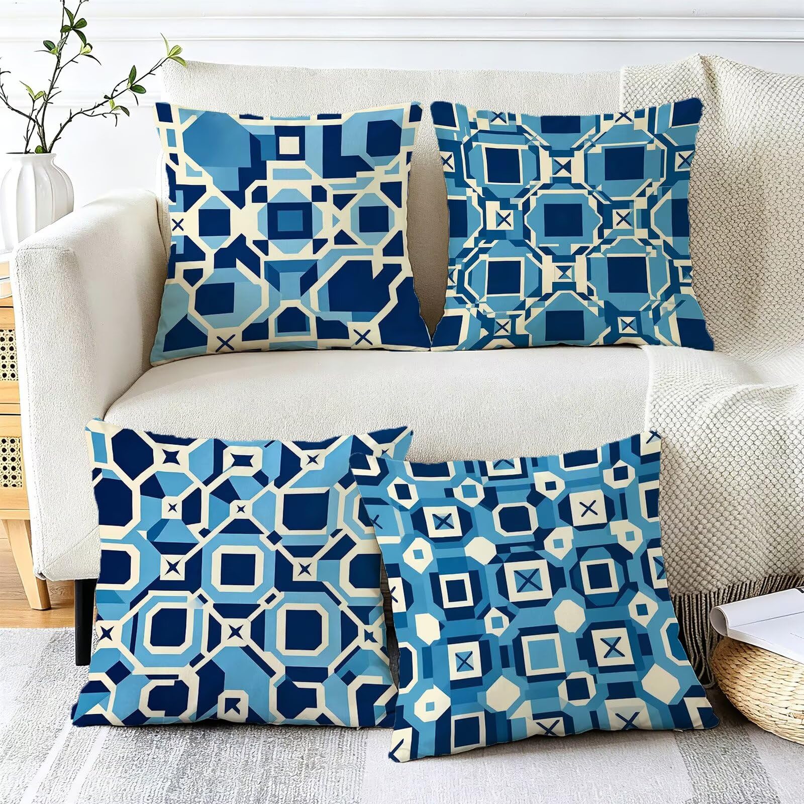 Blu Federe Cuscini Divano 50x50cm, Cuscini da Esterno Set de 4, Cod-103 | Velour Copricuscini Decorativi Letto Arredo, per Letto, Soggiorno, Giardino, Esterno, Casa Decorazione Set di 4 Geometria