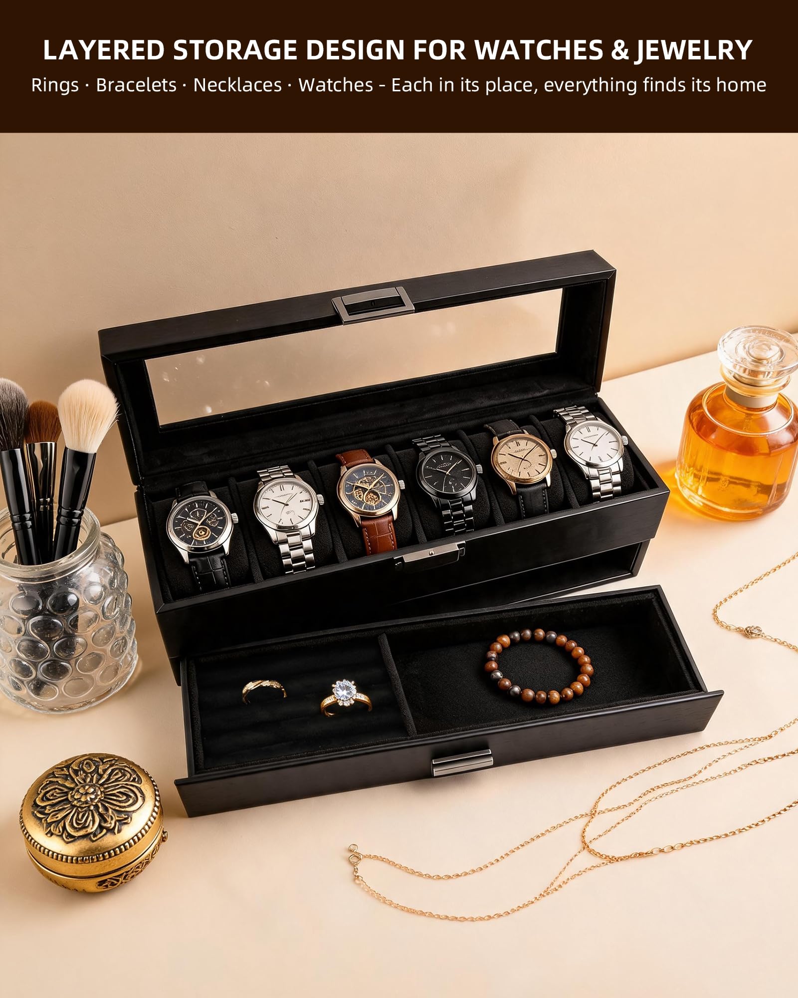 Coffret à Montres Organisateur 2 Niveaux Cuir-PU Homme/Femme, Noir