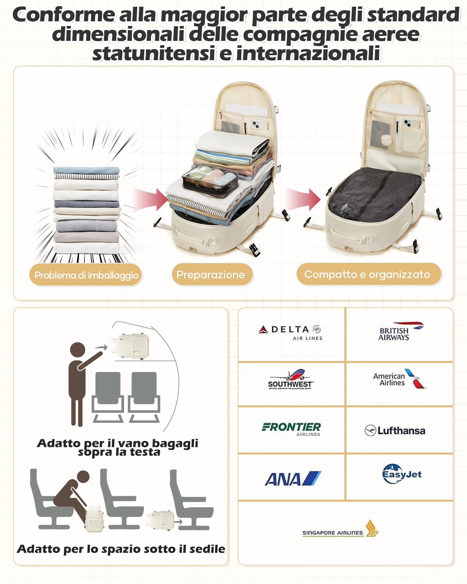 Zaino da Viaggio con Sottovuoto Incorporato, Zaino Easyjet Wizzair Bagaglio a Mano Ryanair, Zaini Vacuum Backpack Impermeabile Donna Uomo(Beige)