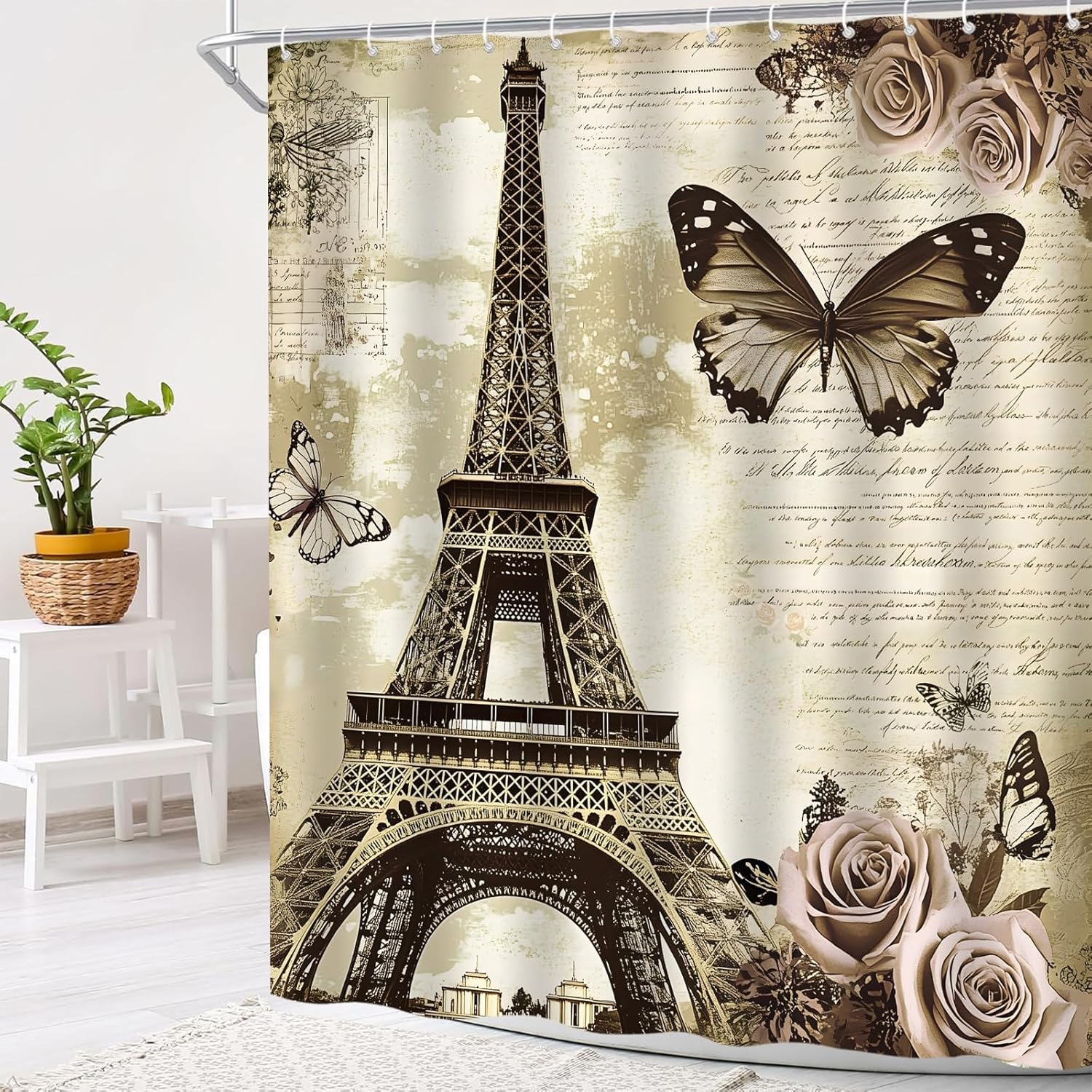 Eiffel Tower Shower Curtain Retro Rose Floral Butterfly Romantic Paris City France European Architectural Landmark Vintage Flower Modern Art Bath Decor Curtain with Hooks, 70x84 Inch