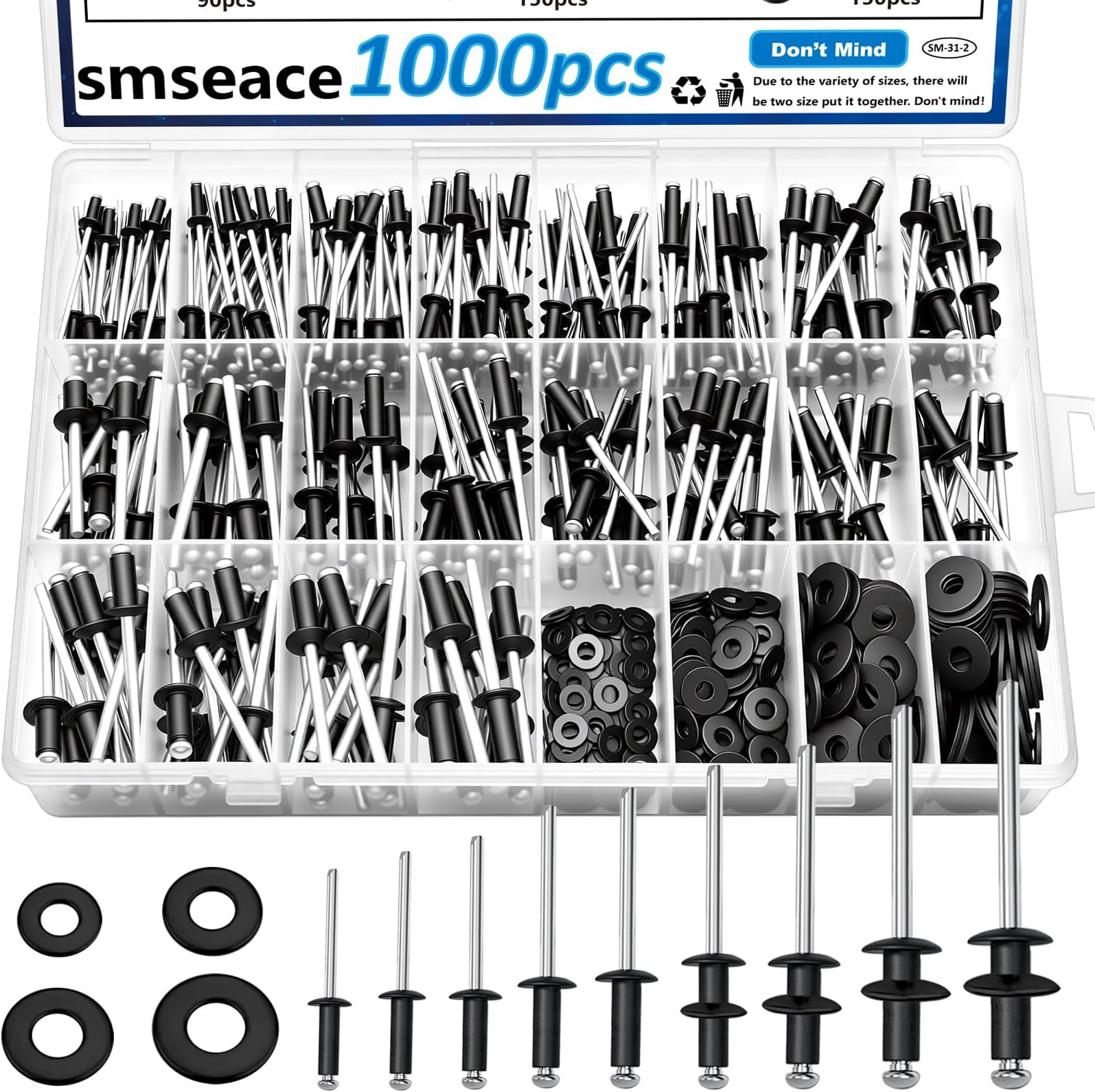 smseace 1000Pcs Pop Rivets with Washers Assortment Kit-14-Sizes SAE Black Rivets for Metal 3/32,1/8,5/32,3/16Inch 4-Sizes 304 Stainless Steel Washers for Metal, Furniture, Automotive, Instruments