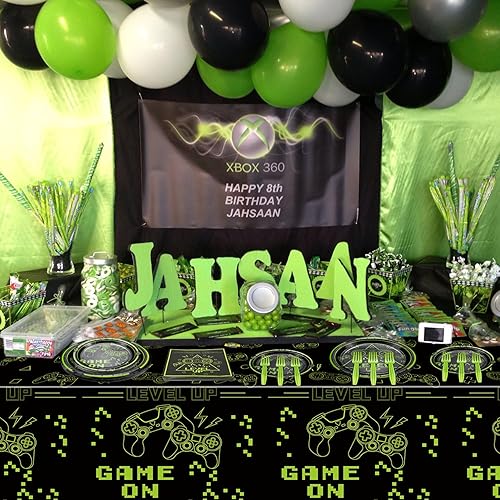 Miniatura 7 de Decoraciones de fiesta de videojuegos  81 piezas de decoraciones de cumpleaños verdes con juegos que incluyen platos de juego, servilletas, mantel