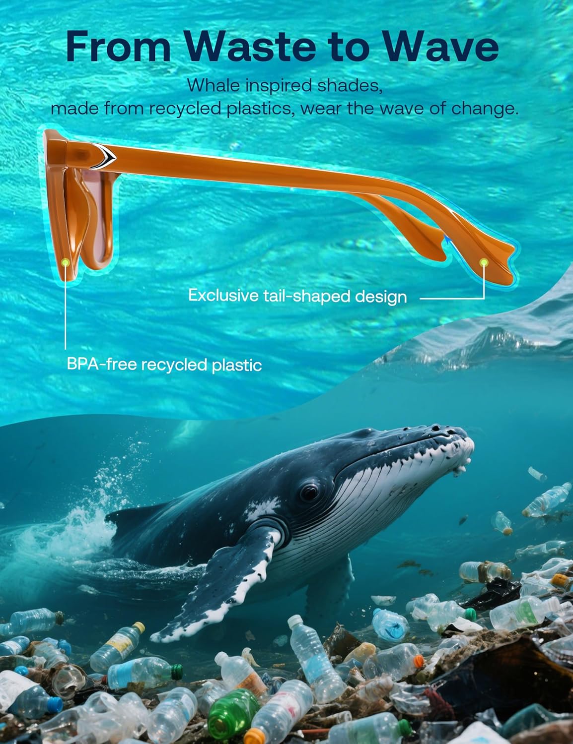 SOJOS Ocean Collection Retro Polarized Large Rectangular Sunglasses Women Men Recycled Plastic Eco-friendly Shades, Baleen - Image 2