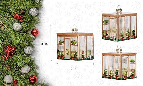Miniatura 3 de Adorno de invernadero de vidrio soplado a mano y adorno de carretilla, juego de 2 adornos de jardín de vidrio para árbol de Navidad