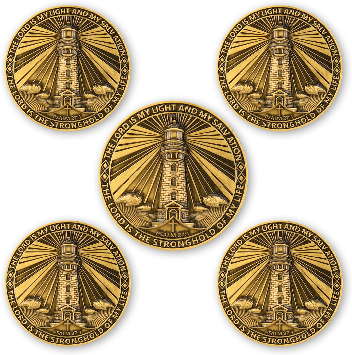 5-Pack Christian Challenge Coins – Psalm 27:1 & Isaiah 41:10 Lighthouse Scripture Coins with Acrylic Cases – Inspirational Bulk Faith Gifts for Men, Women, Church, Ministry