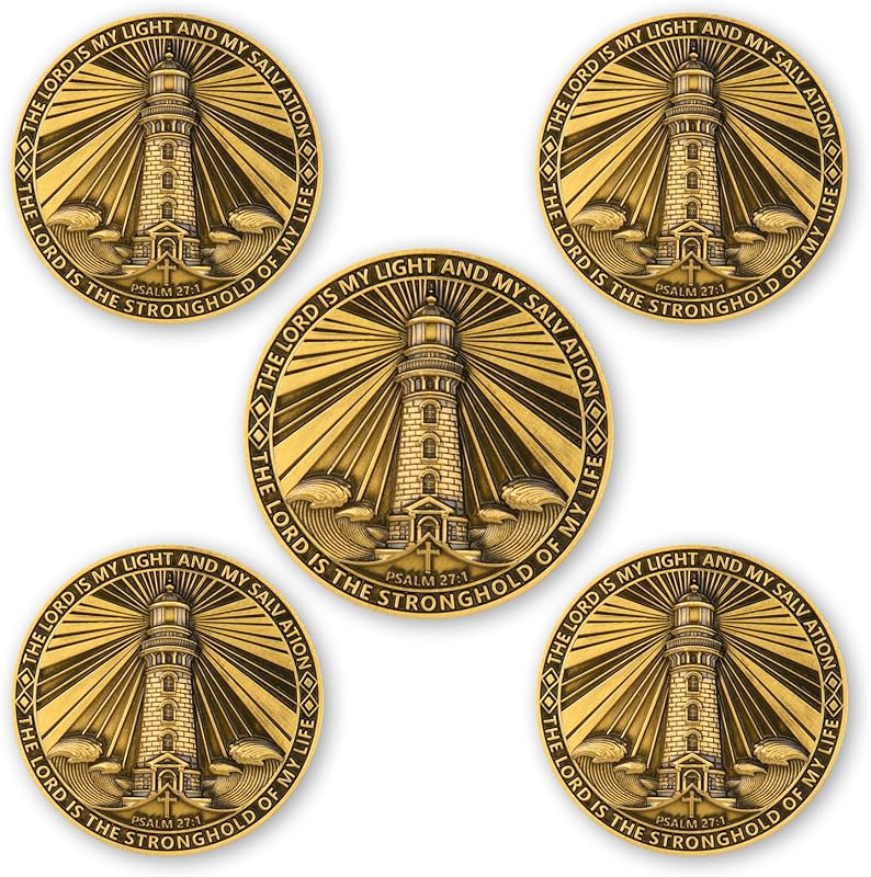 5-Pack Christian Challenge Coins – Psalm 27:1 & Isaiah 41:10 Lighthouse Scripture Coins with Acrylic Cases – Inspirational Bulk Faith Gifts for Men, Women, Church, Ministry