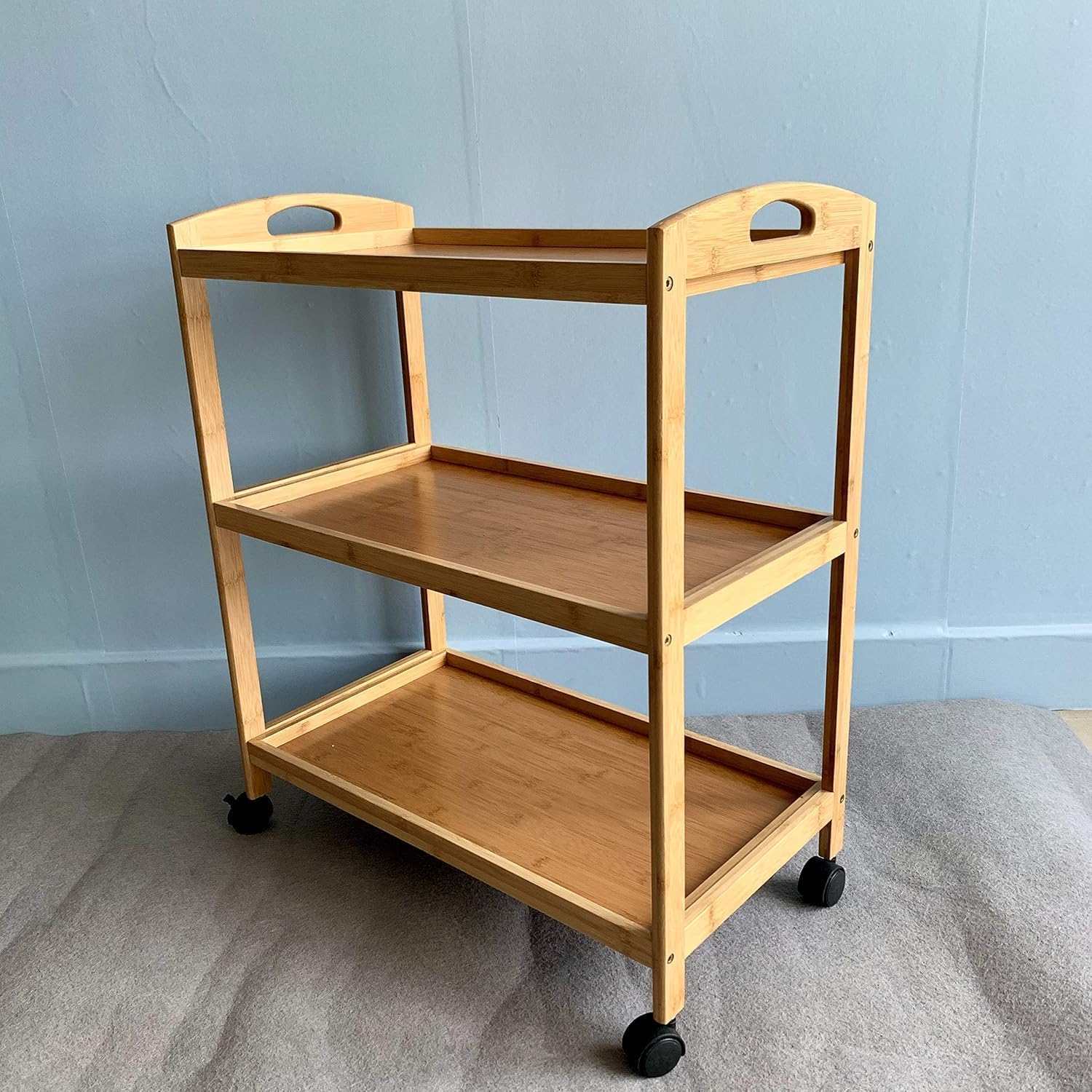 Bamboo Kitchen Storage Rolling Shelf with Wheels, 3 Tier Island Bar Cart, Microwave Oven Serving Organizer for Home, Dining Room, Laundry Room with Lockable Castors