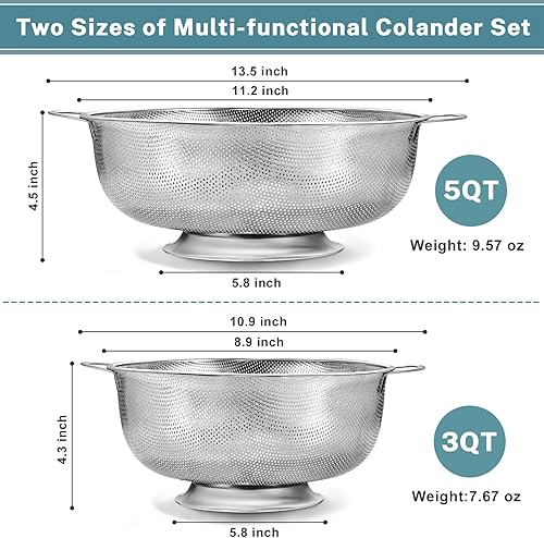 Miniatura 2 de Pleafind Colador de acero inoxidable 188 para cocina, 5 cuartos de galón y 3 cuartos de galón, colador de metal microperforado con asa, colador de
