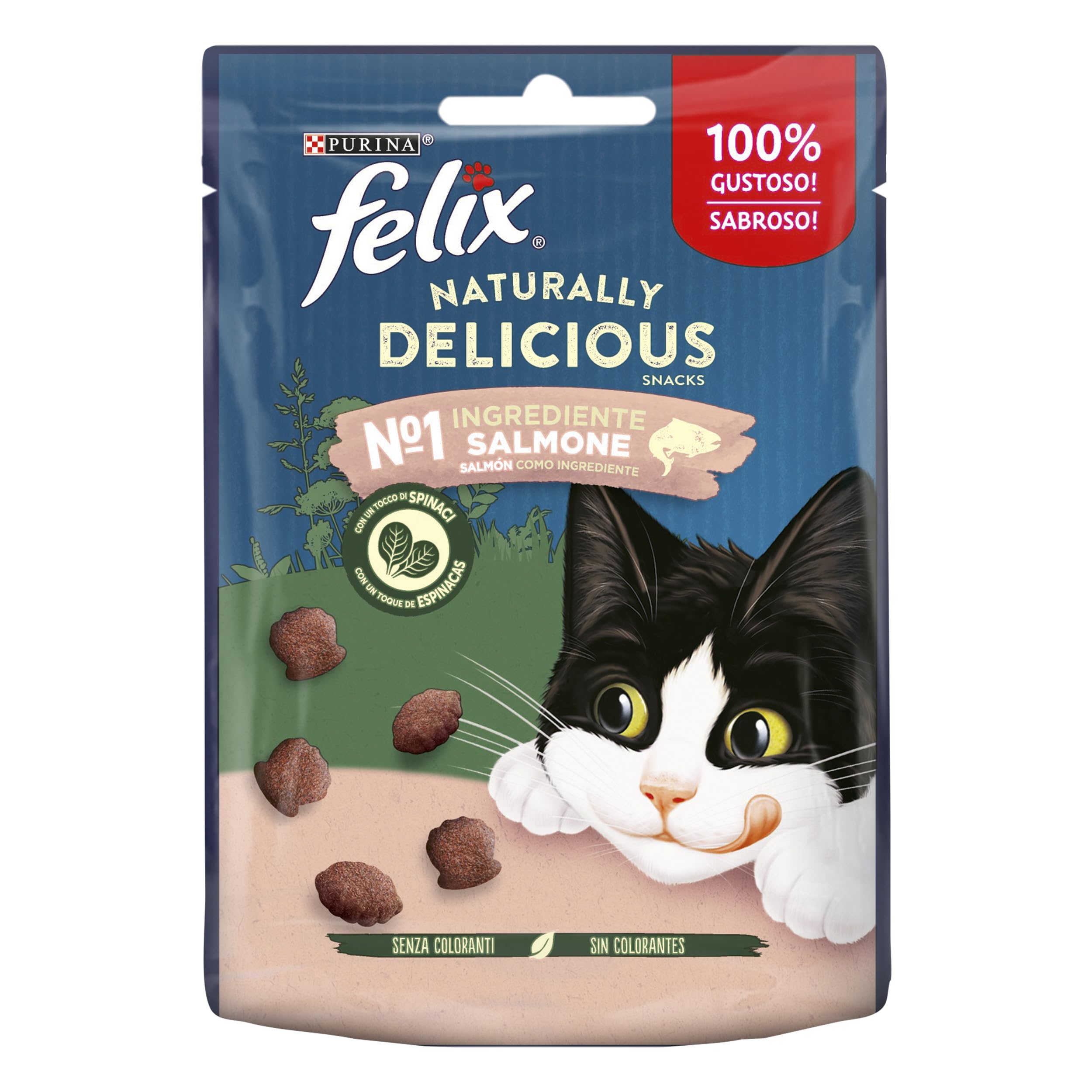 Felix Purina Naturally Delicious, Snacks, Premio para Gato con Salmón, Bolsa de 50g