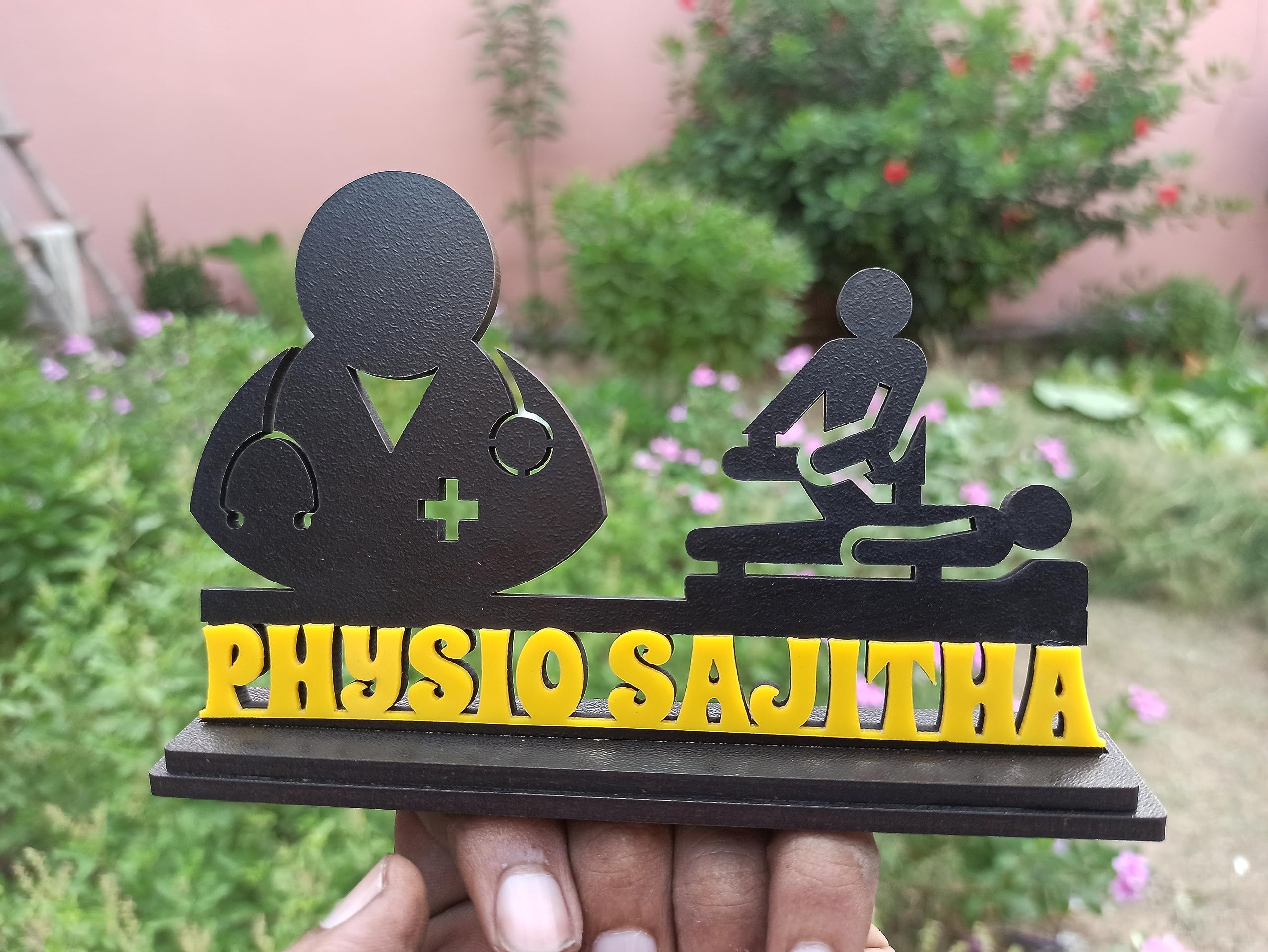 PhysioPro - Premium Table Top Name Plate for Physiotherapists | Imported Black MDF and Yellow Acrylic | Ideal Gift (4x6 inches) — Amazon image 7