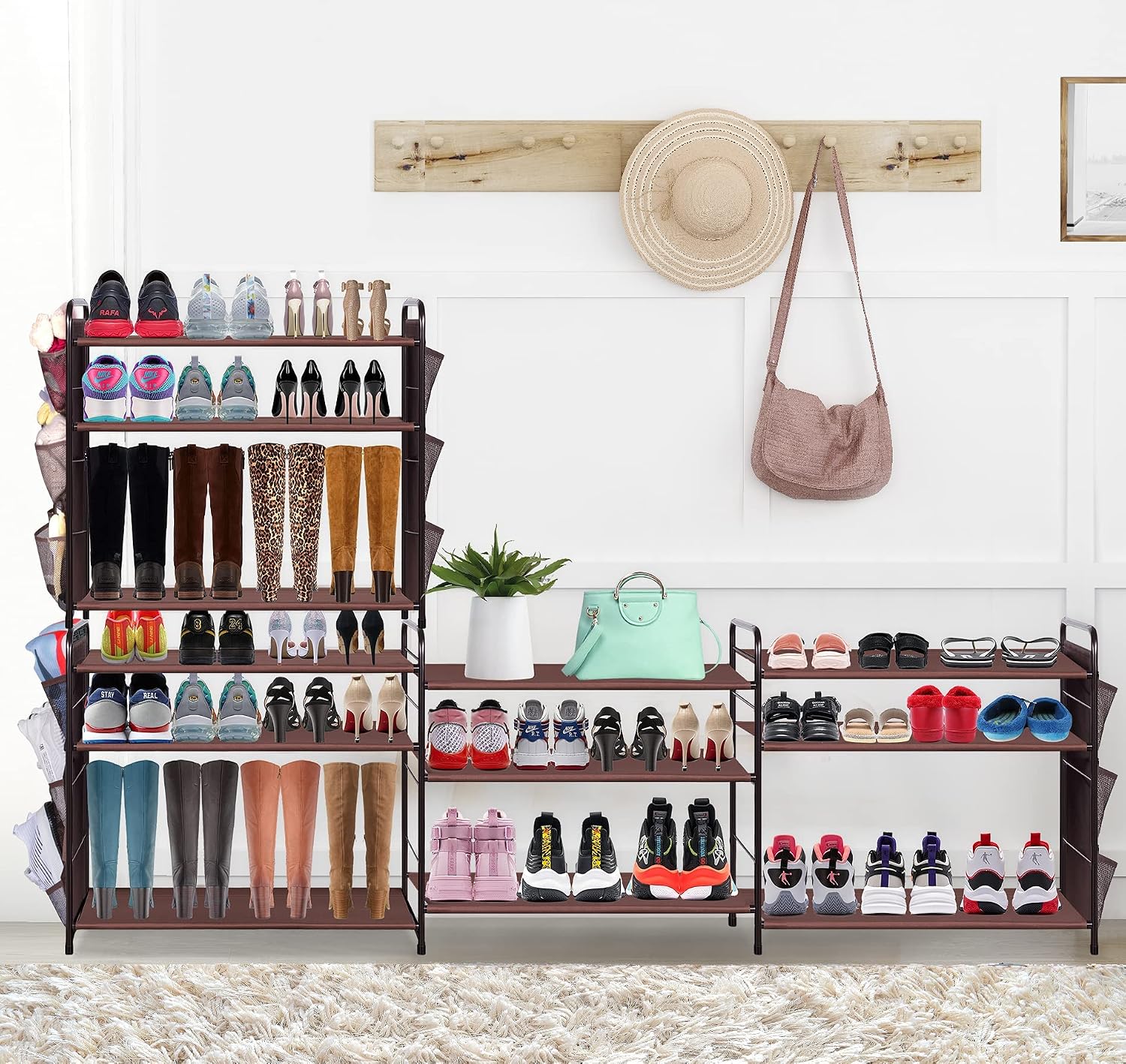 MISSLO Small 4 Tier Closet Shoe Rack with 12 Mesh Side Pockets Sturdy Storage Shelf Entryway Organizer for Bedroom Floor, Bronze