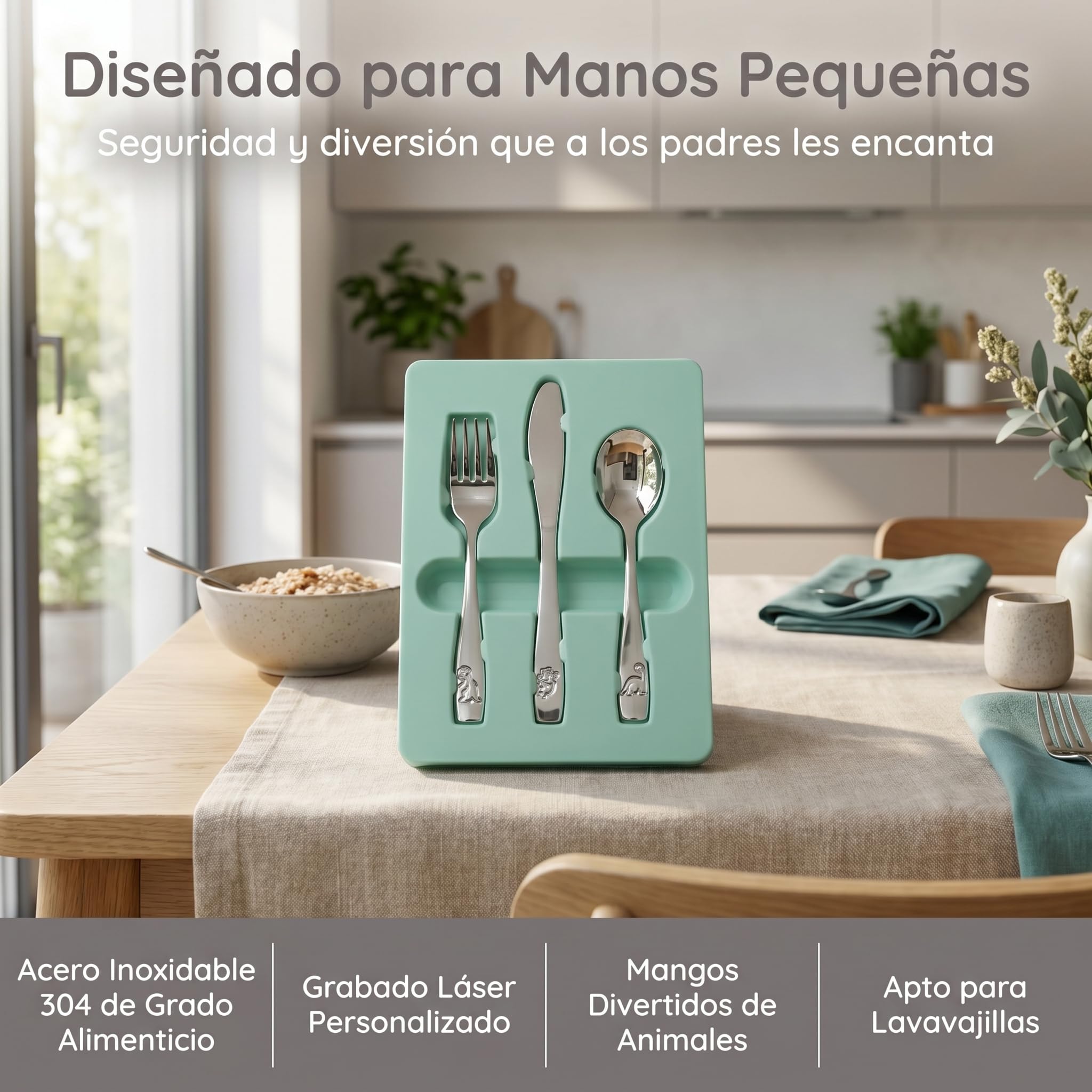 Cubiertos Infantiles Personalizados con nombre grabado, Set de Cubiertos Infantiles en Acero Inoxidable con Personalización.