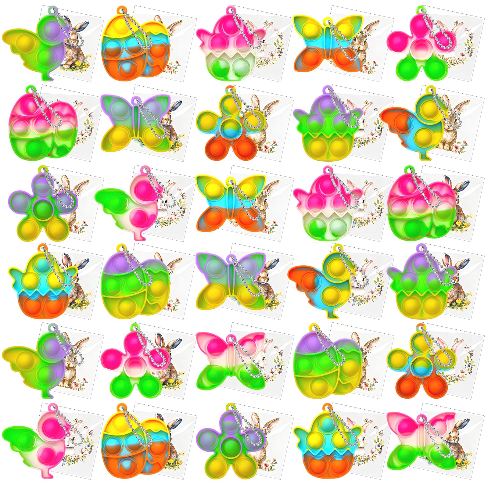 KIDRENFUN 30 PCS Easter Gifts Kids, Easter Decoration Party Bag Fillers Easter Egg Hunt , Pop It Fidget Party Favours, Pass the Parcel Prizes (30Keyrings + 30Bags ) — image 1