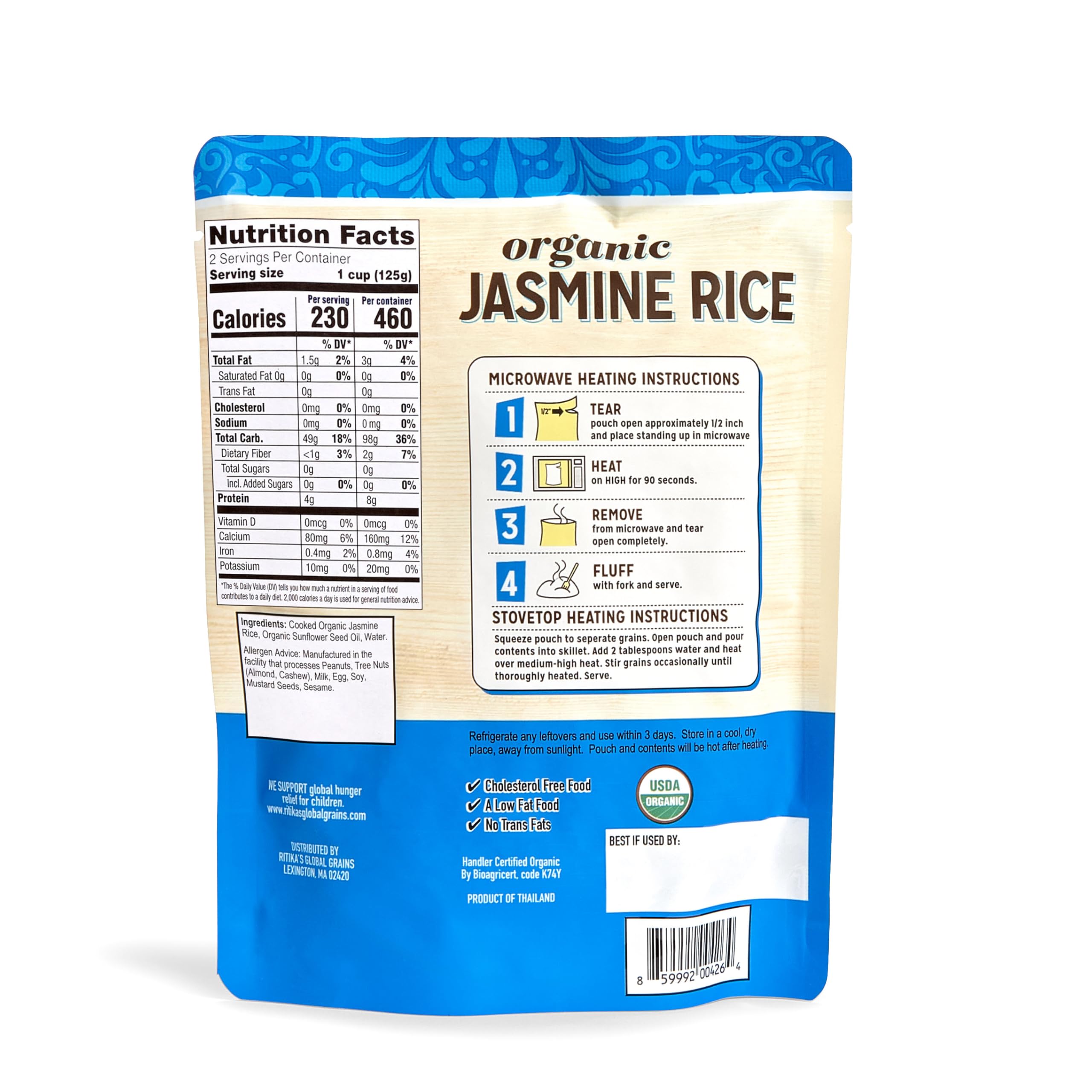 Ritika’s Global Grains Certified Organic Jasmine Rice, Ready in 90 Seconds, 8.8 oz Pouches (6-Count Pack)